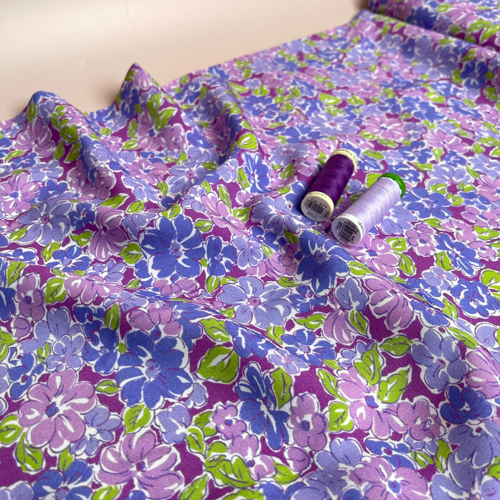 Meadow Flowers in Purple and Green Viscose Fabric