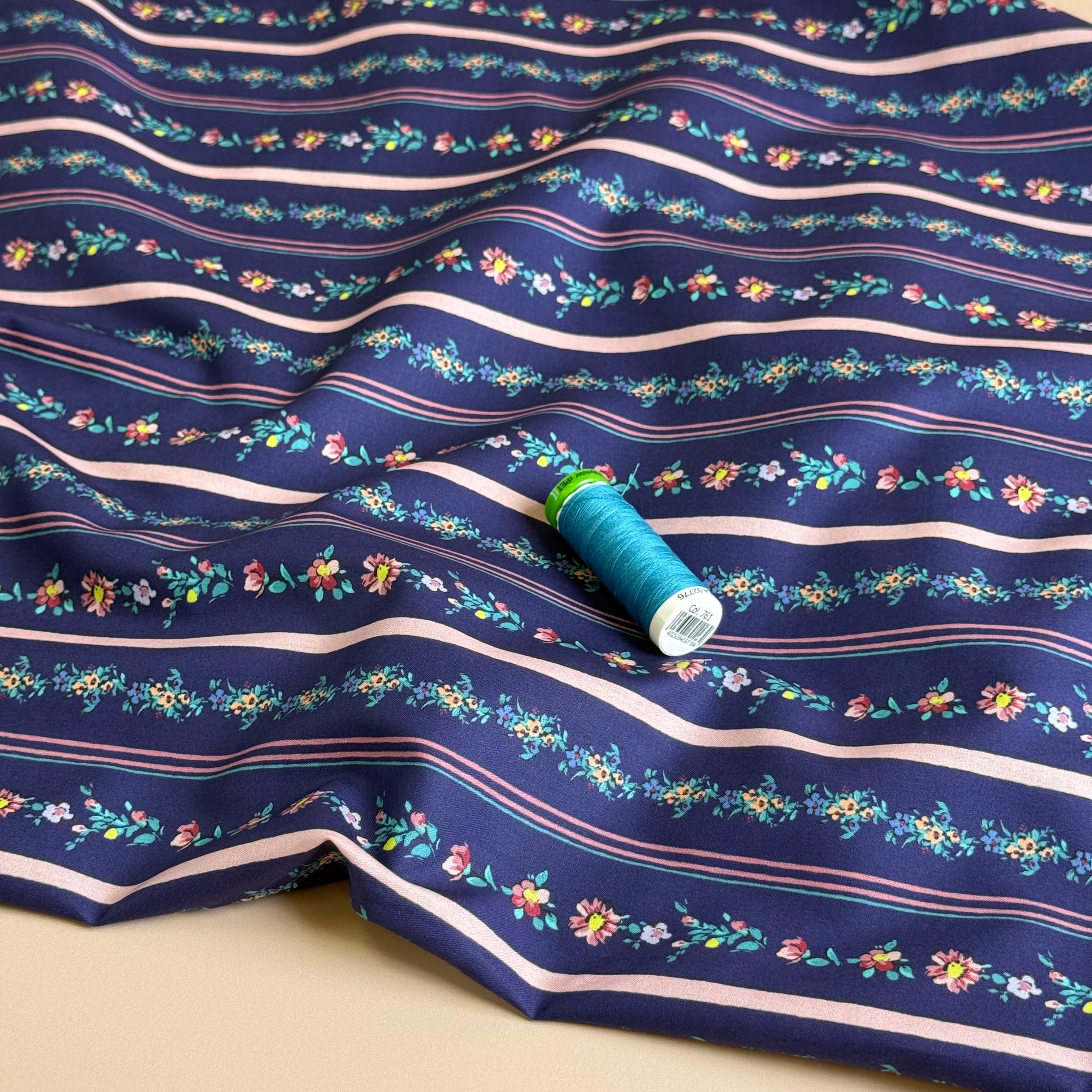 Floral Stripes on Navy Fine Cotton Poplin Fabric