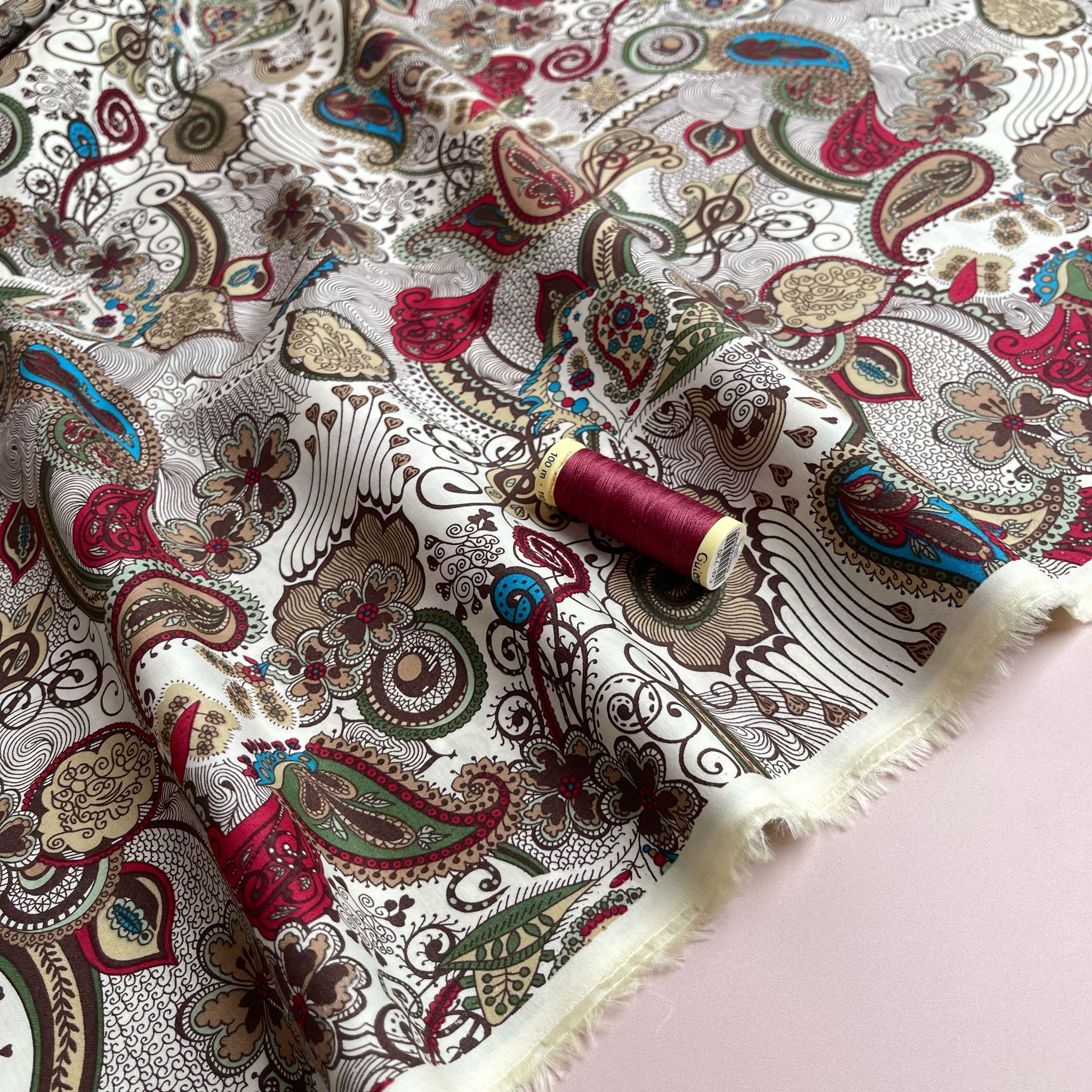 Autumn Paisley on White Cotton Lawn Fabric