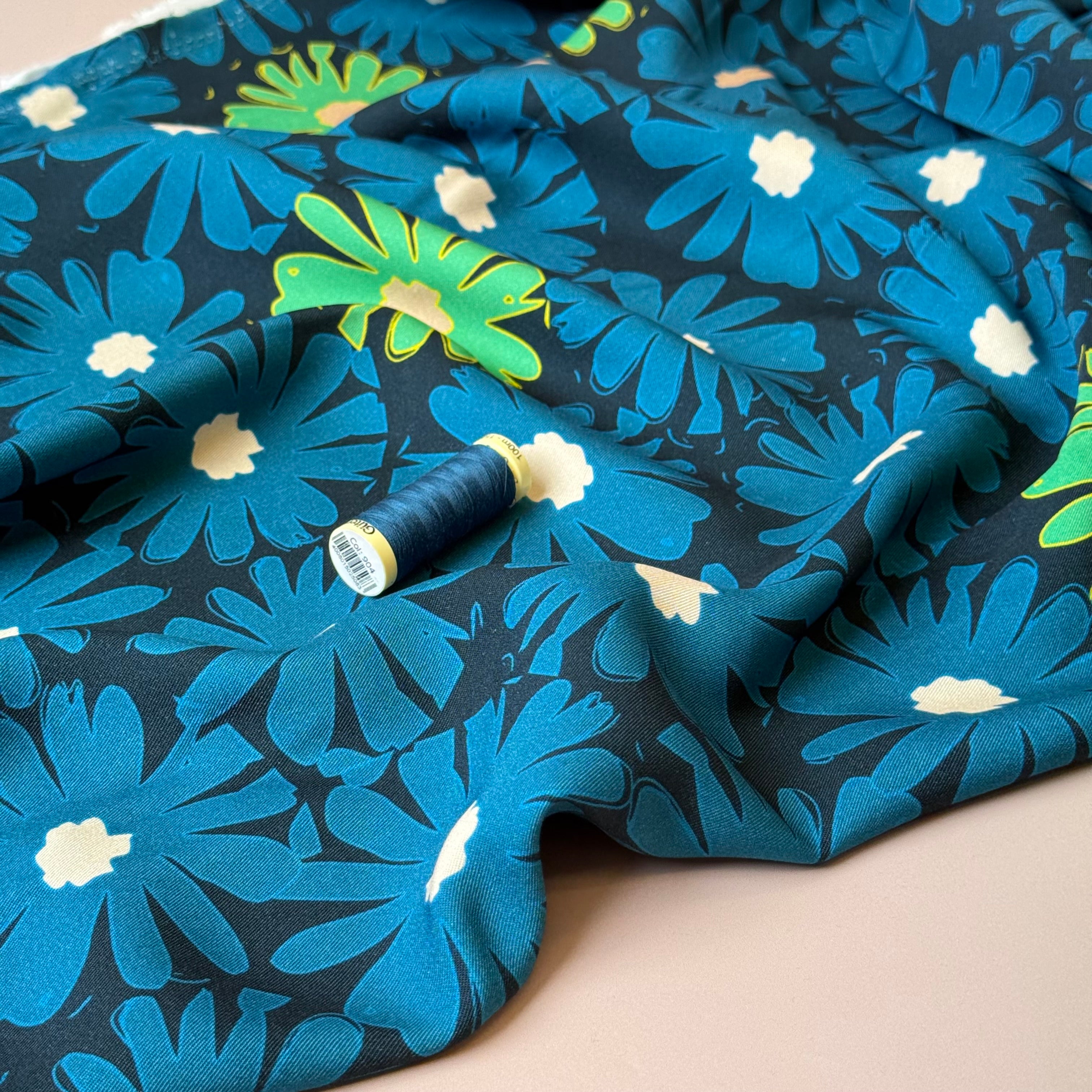REMNANT 1.6 Metres - Light & Lush - Petrol Blue Daisies Viscose Twill Fabric