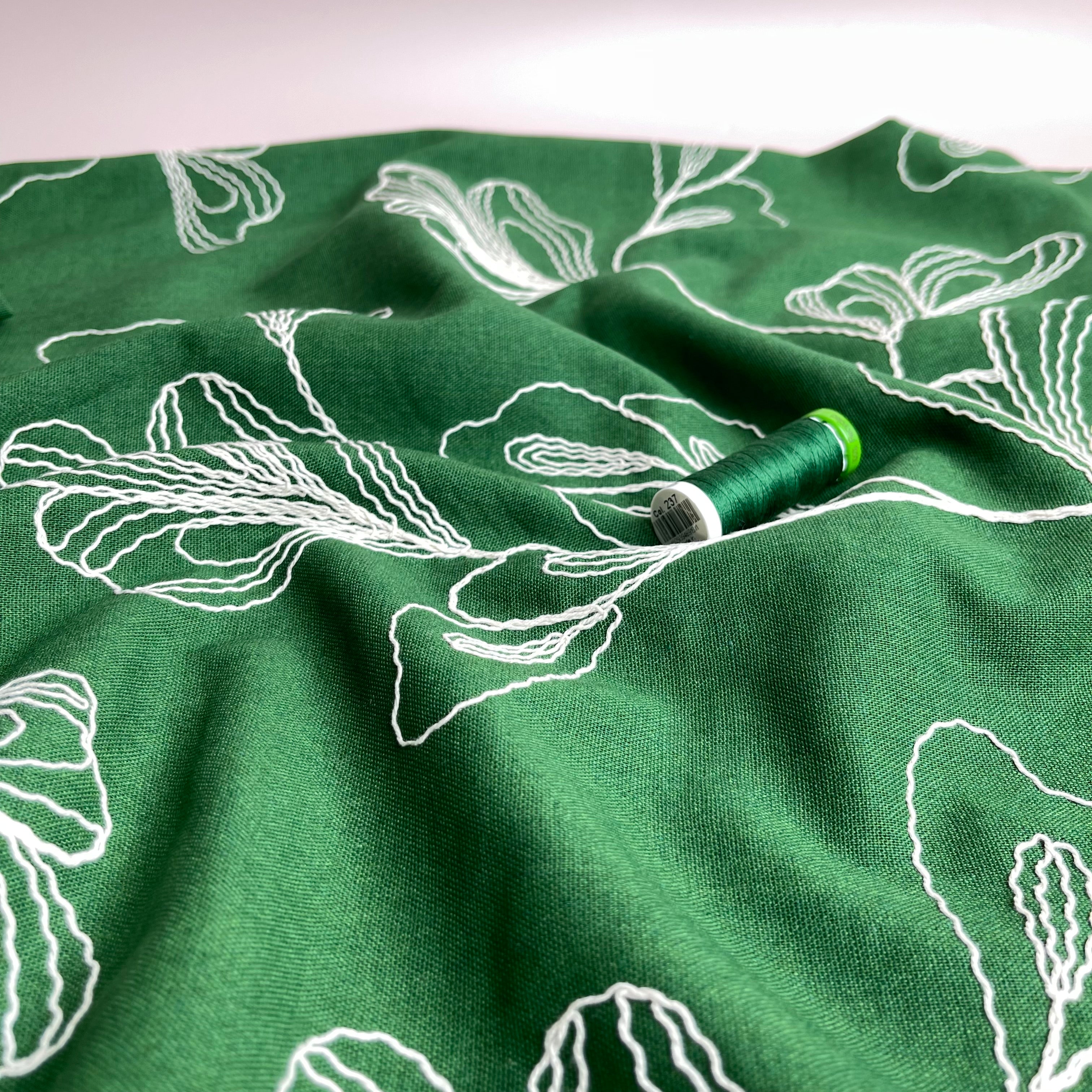 Embroidered Foliage Linen Viscose Blend Fabric in Green