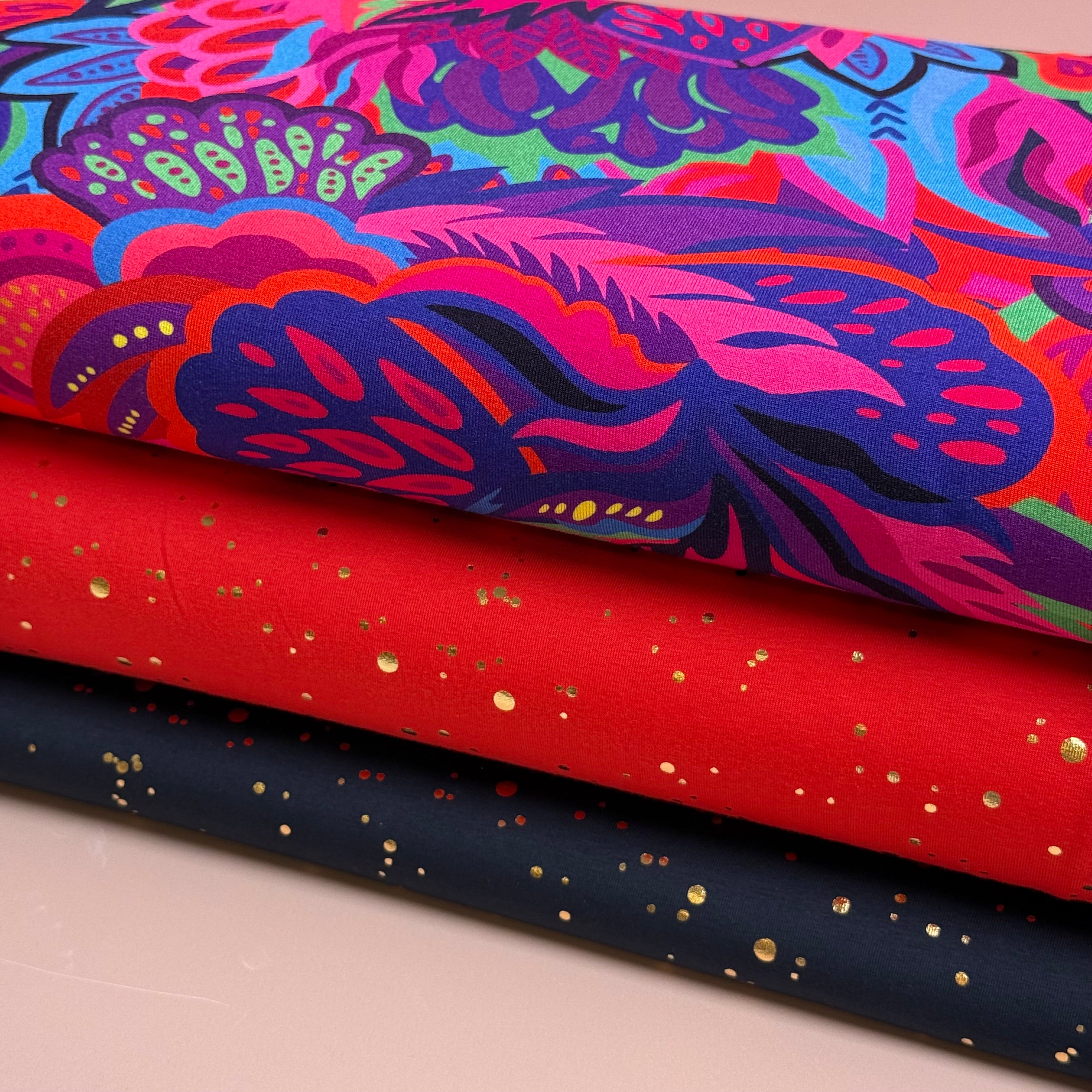 Gold Confetti on Navy Cotton Jersey Fabric