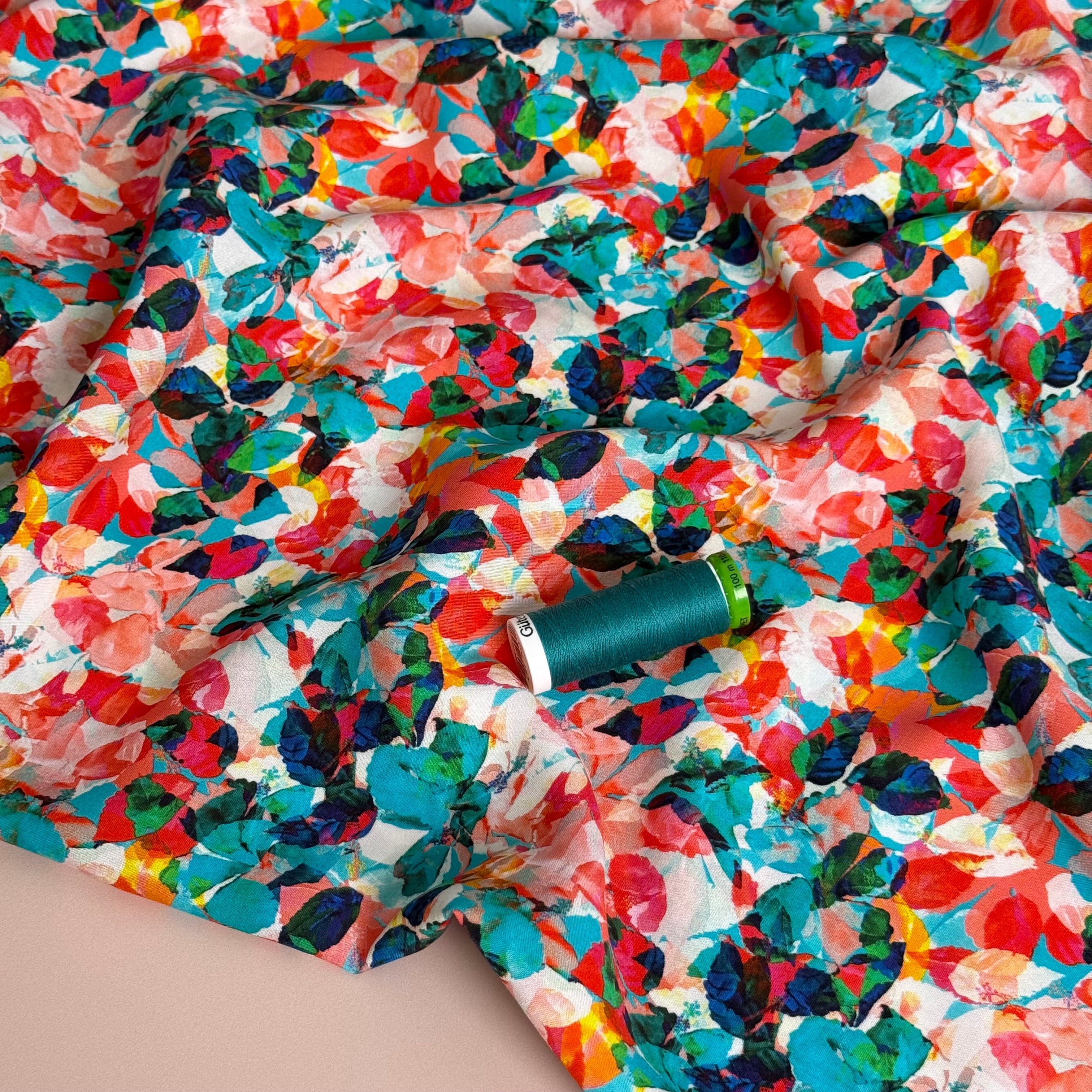 Teal Foliage Viscose Poplin Fabric