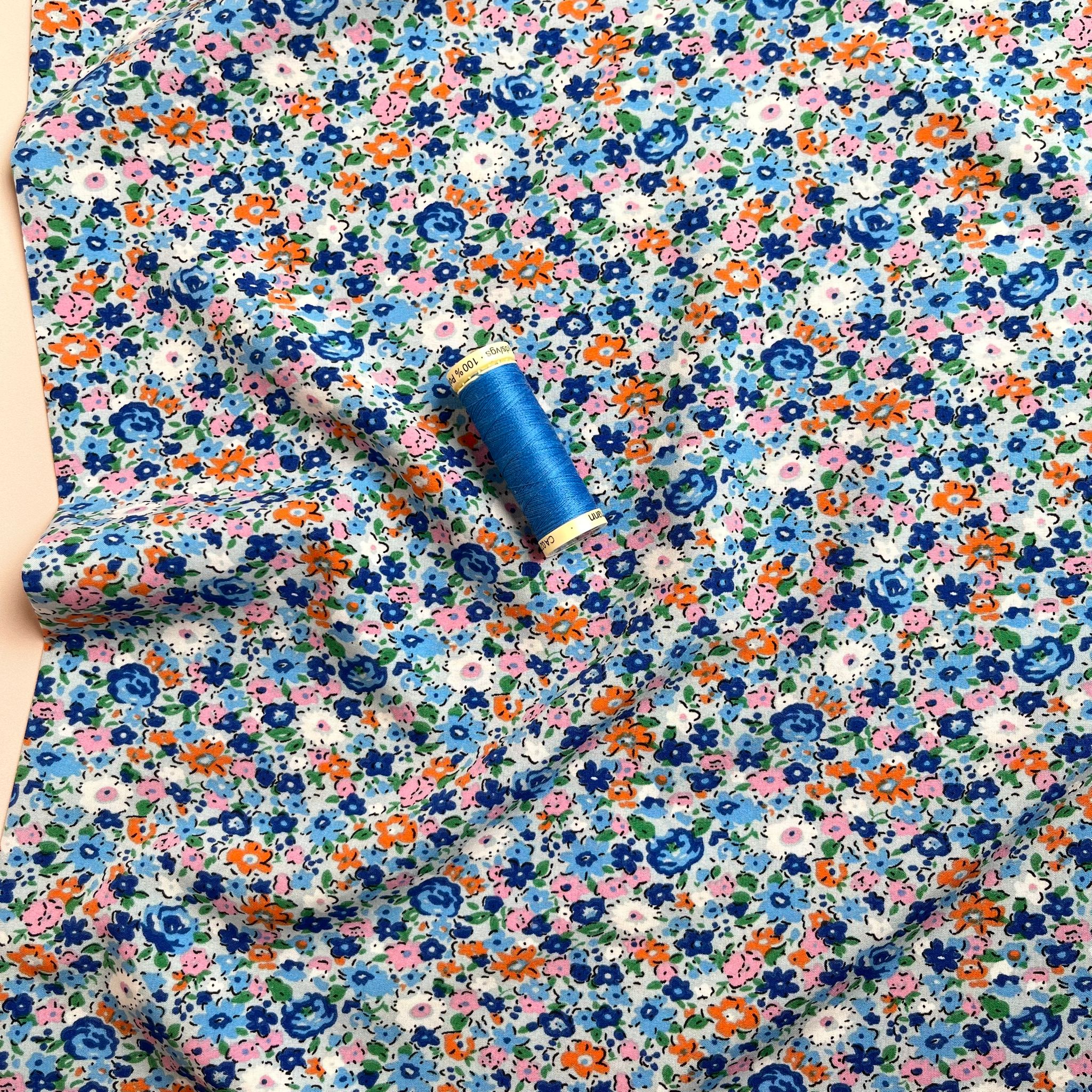 Ditsy Blue Meadow Stretch Polyester Fabric