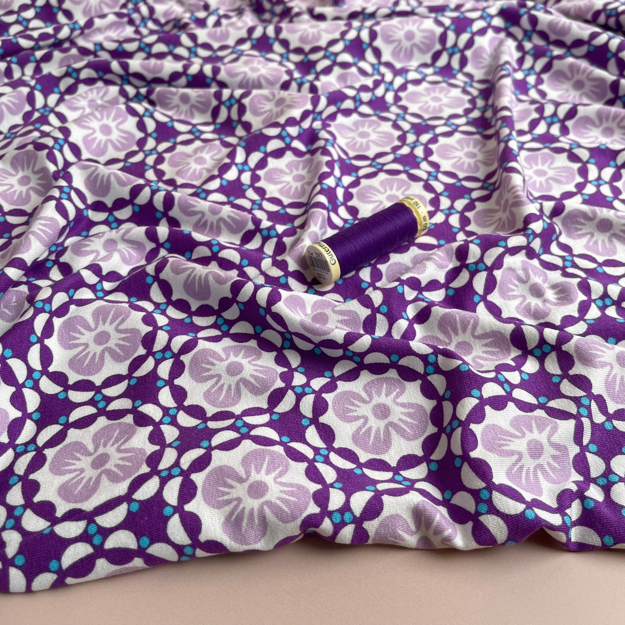 Mosaic Flowers in Purple Viscose Jersey Fabric