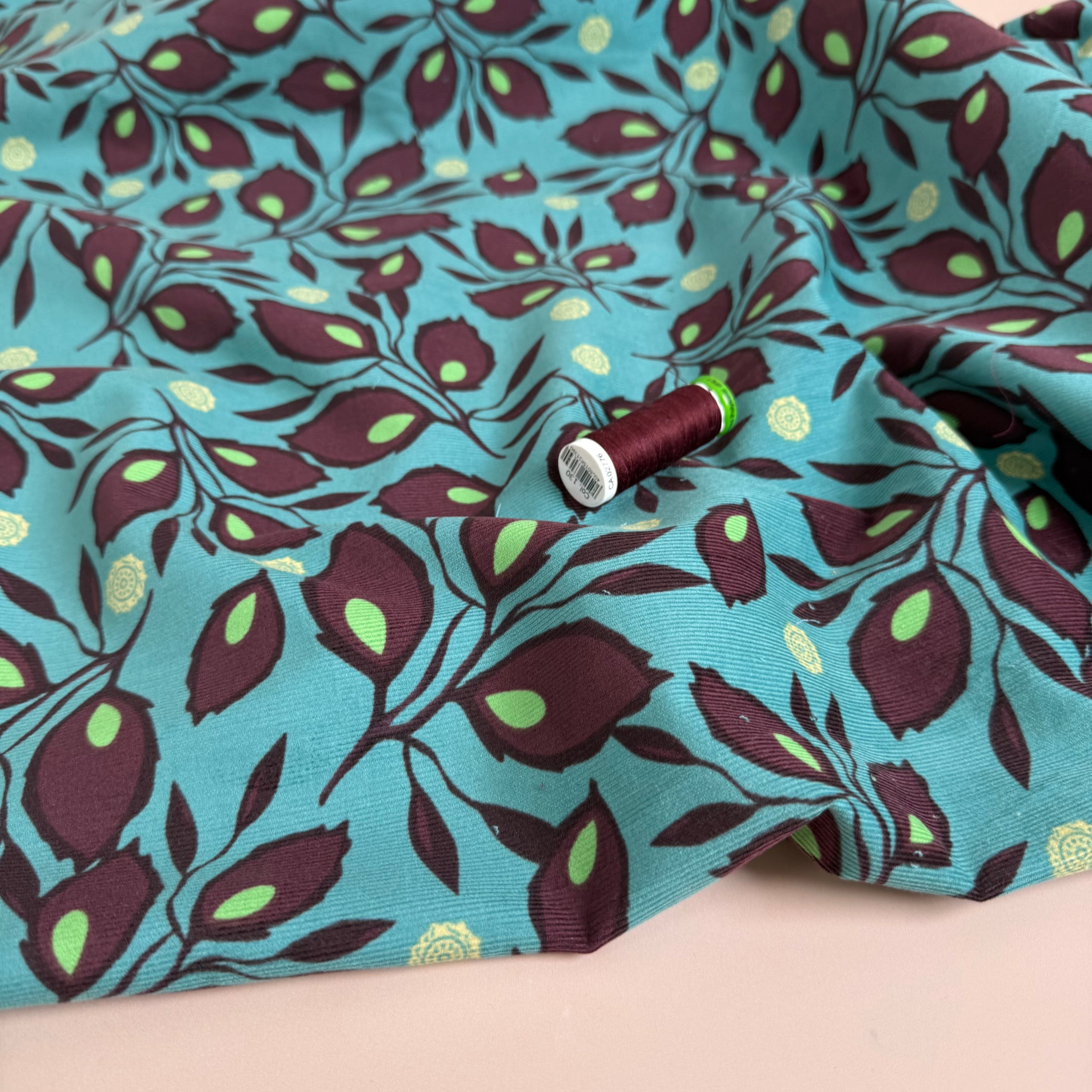Mahogany Leaves on Petrol Cotton Needlecord