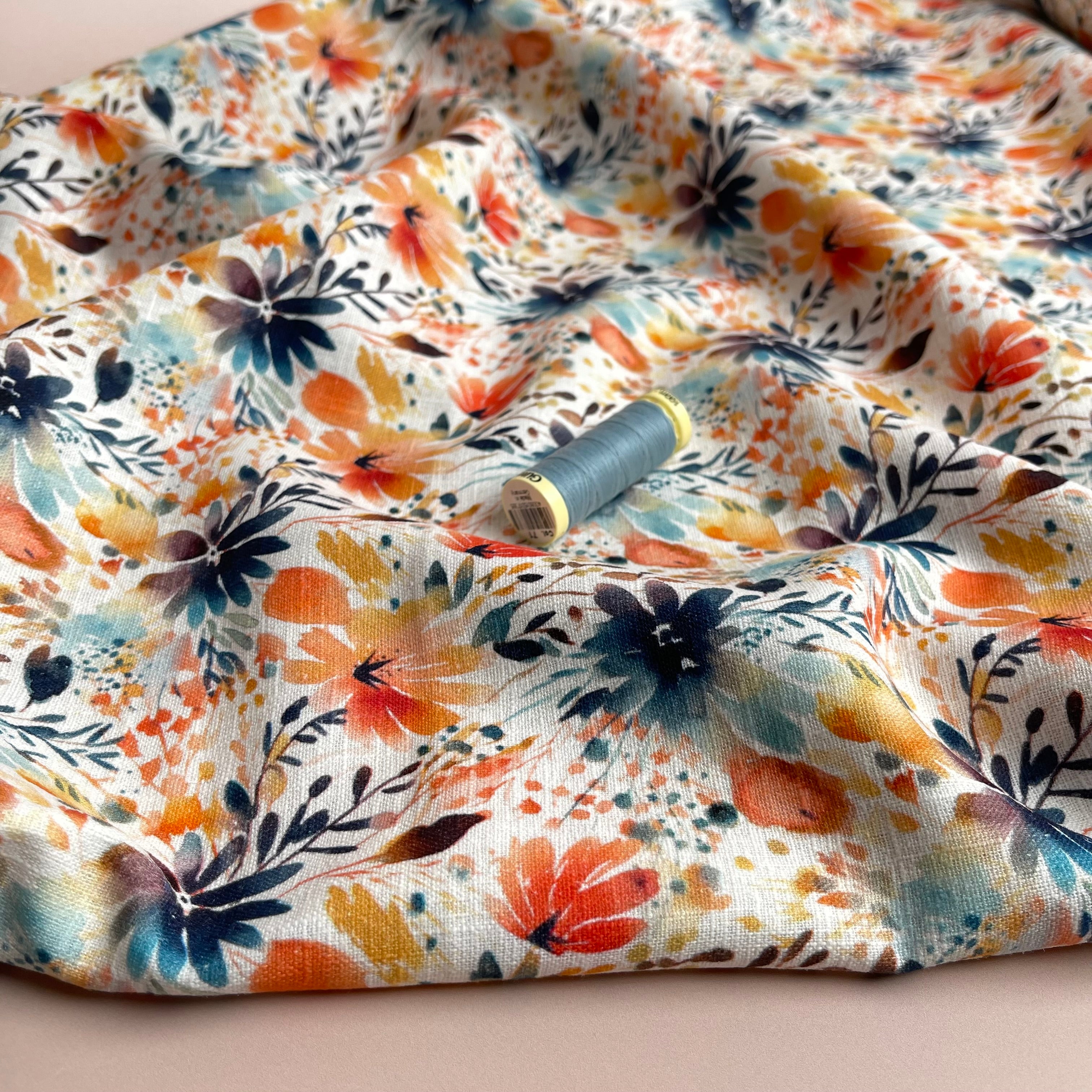 Orange Flowers Linen Cotton Blend Fabric