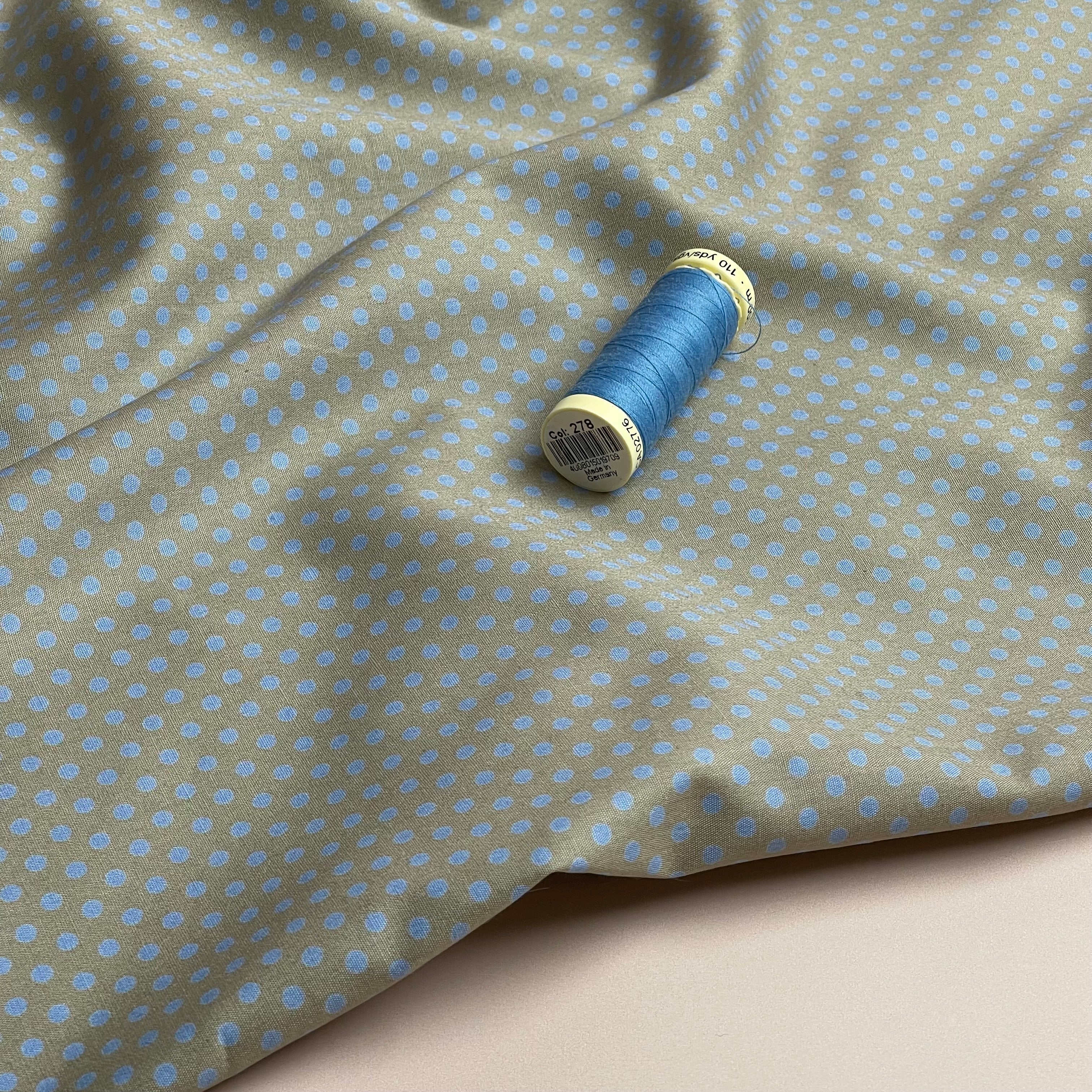 Blue Polka Dots on Grey Cotton Poplin Fabric