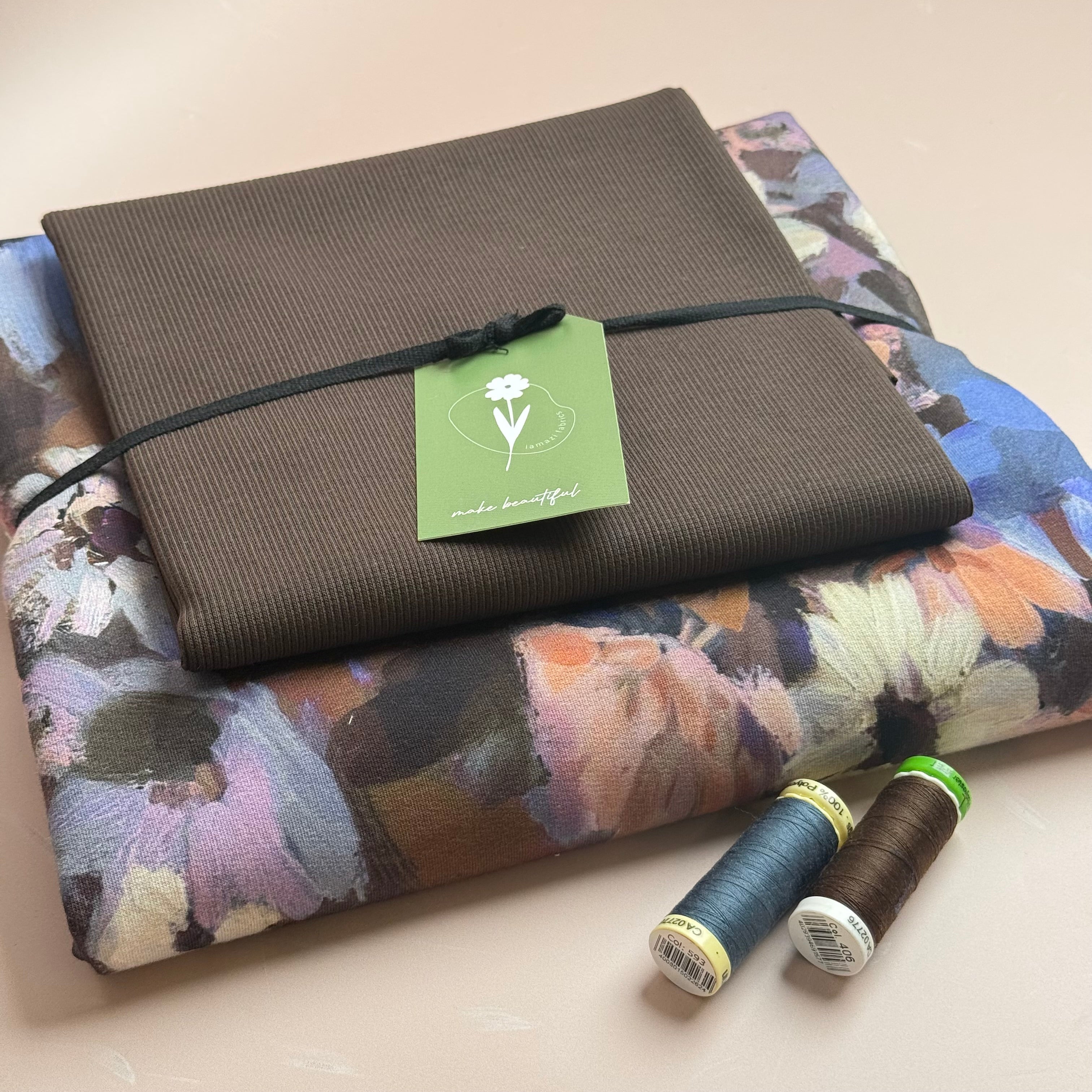 Colour Bundles - Painted Florals Brown Cotton French Terry & Matching Ribbing