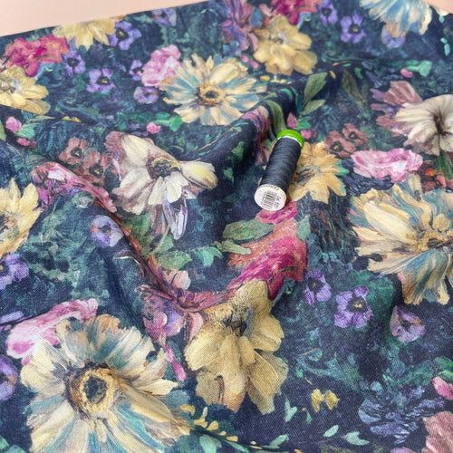 Painted Indigo Flowers Viscose Linen Fabric
