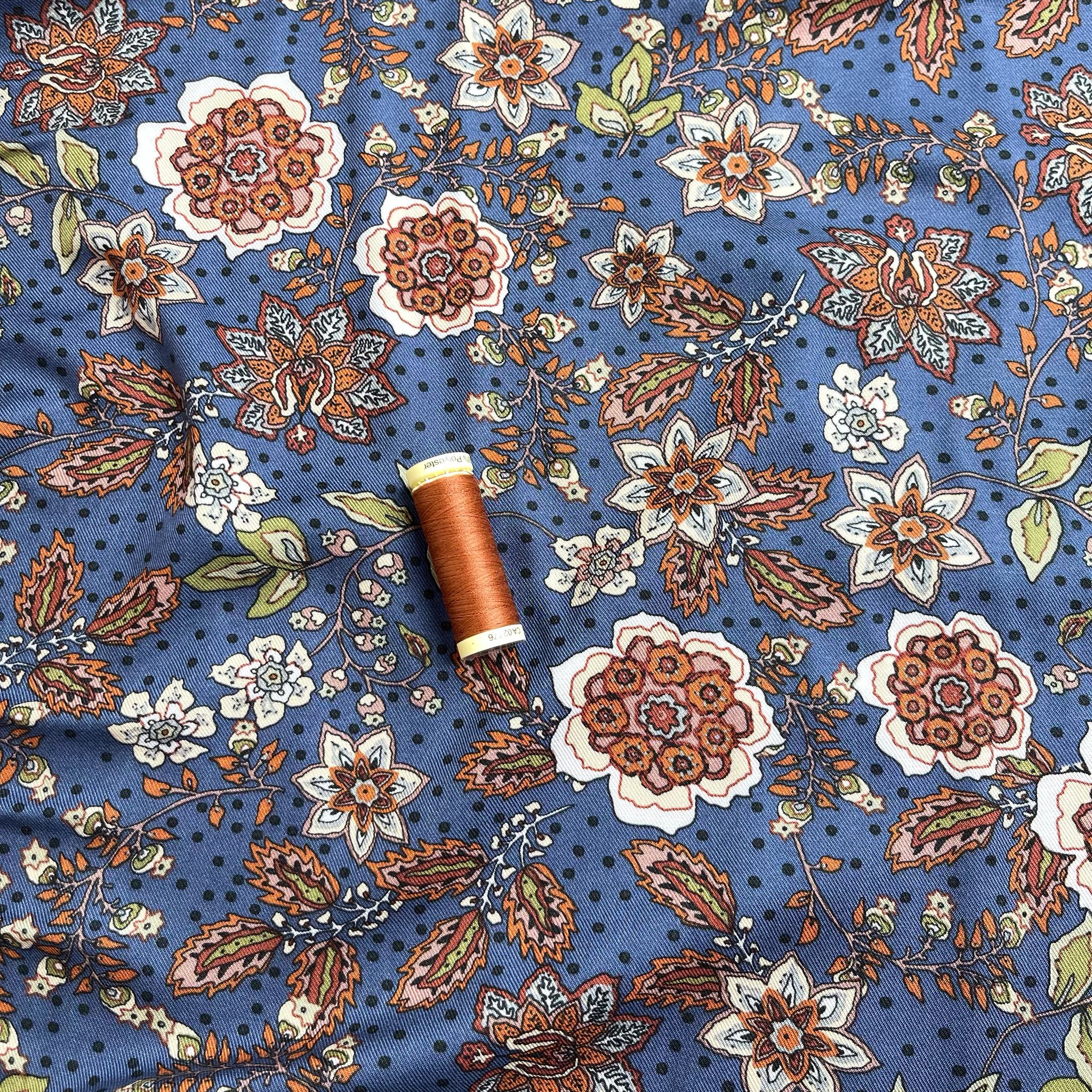 Autumn Paisley Flowers on Blue Viscose Twill Fabric