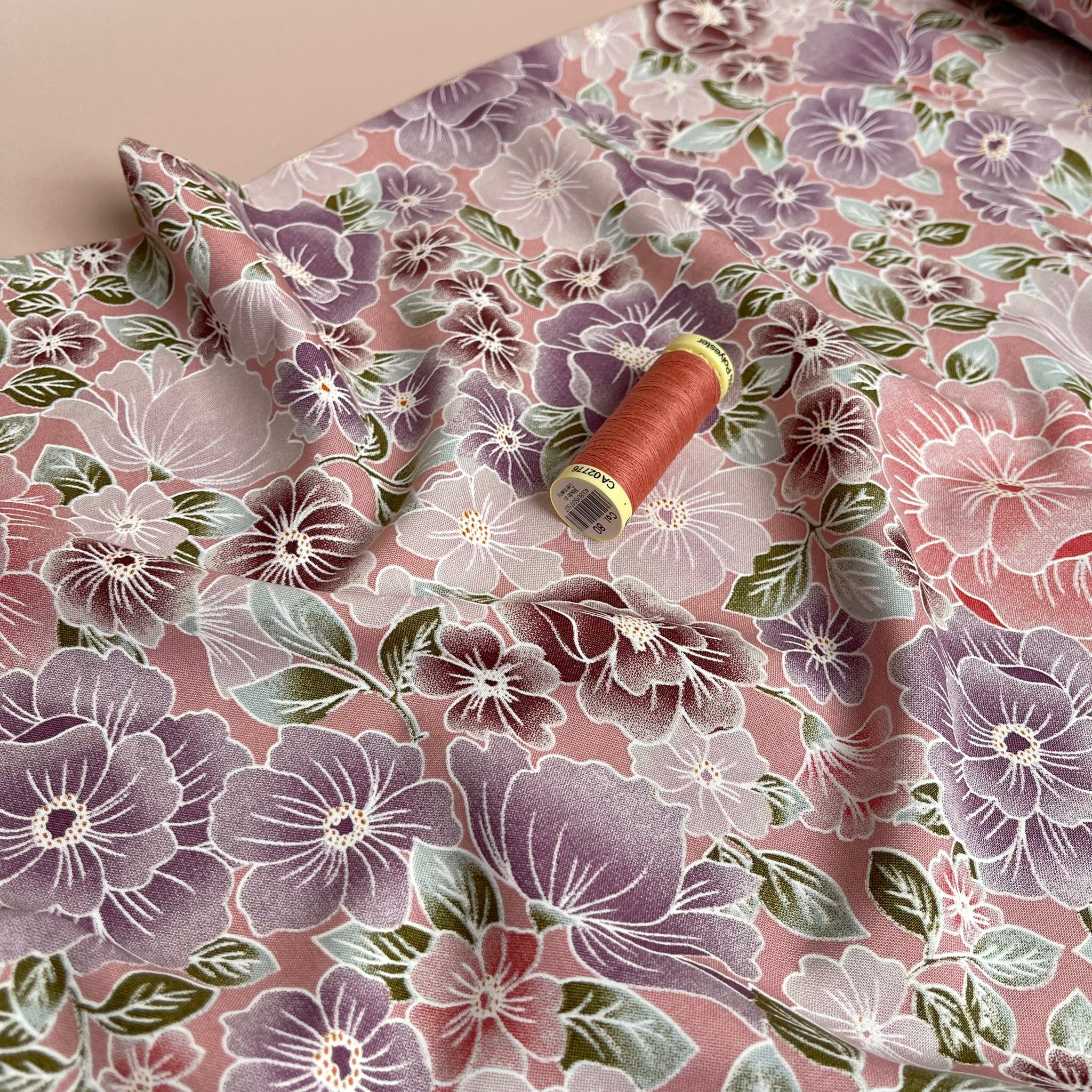 Mauve Blossoms on Rose Pink Viscose Fabric