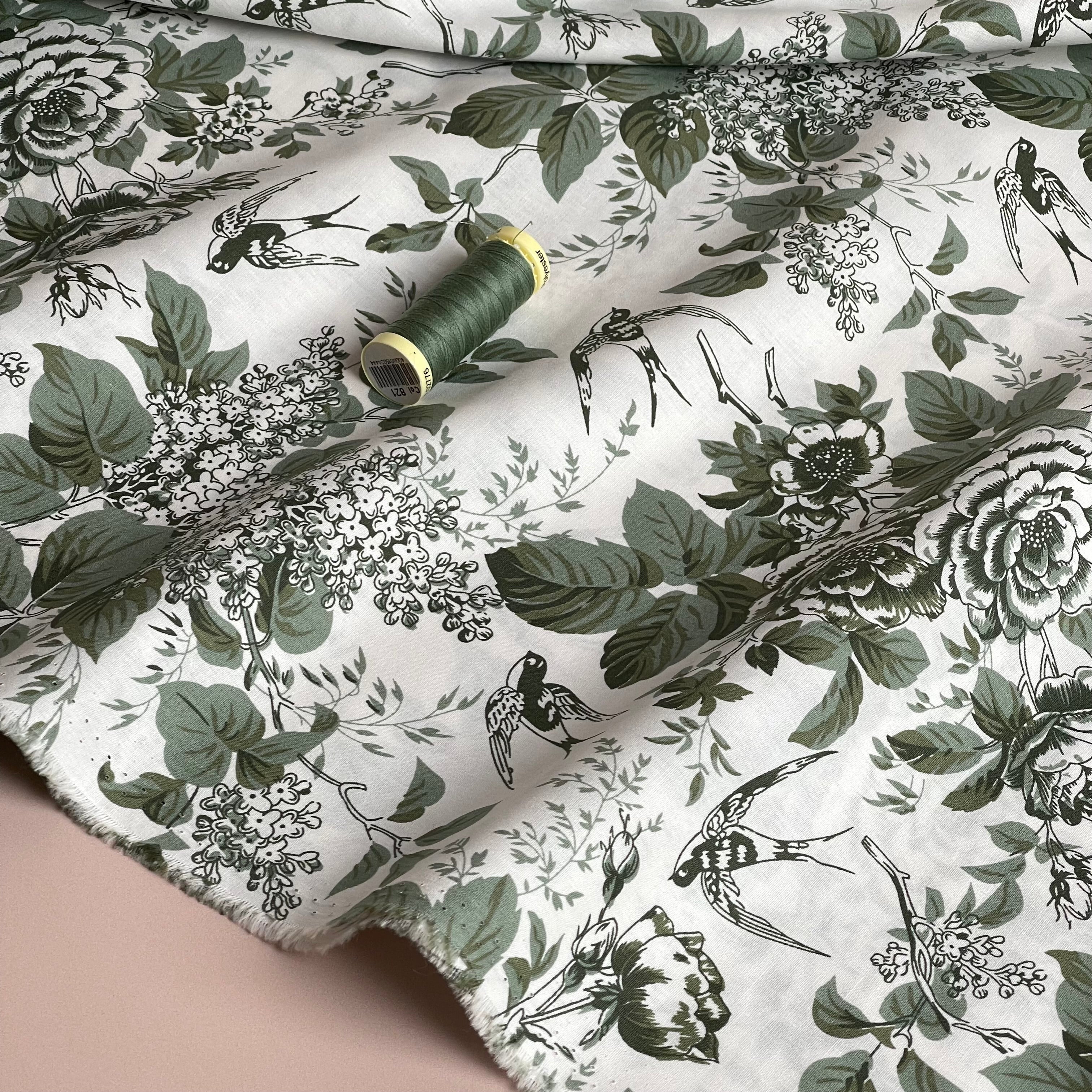 Toile De Jouy Birds in Dusty Mint Cotton Poplin