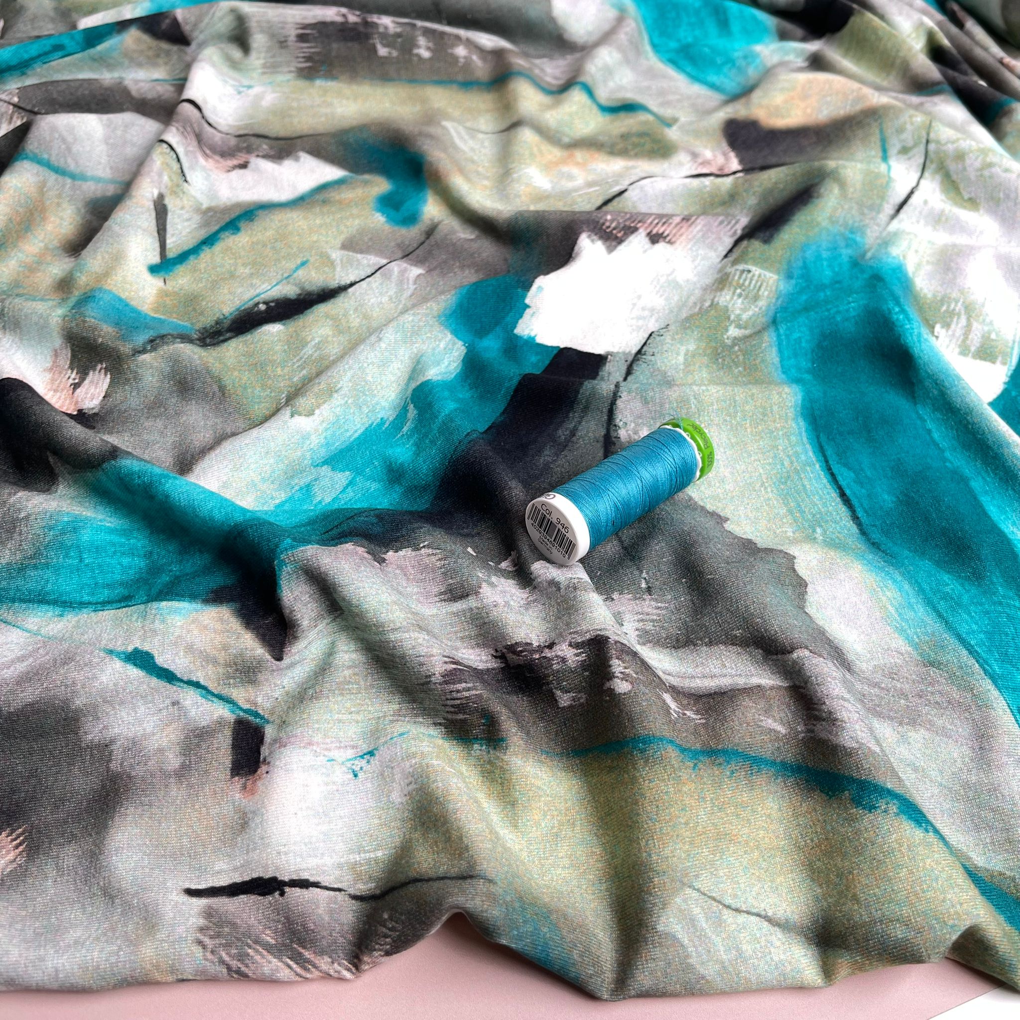 Abstract Painting in Turquoise and Olive Viscose Jersey Fabric