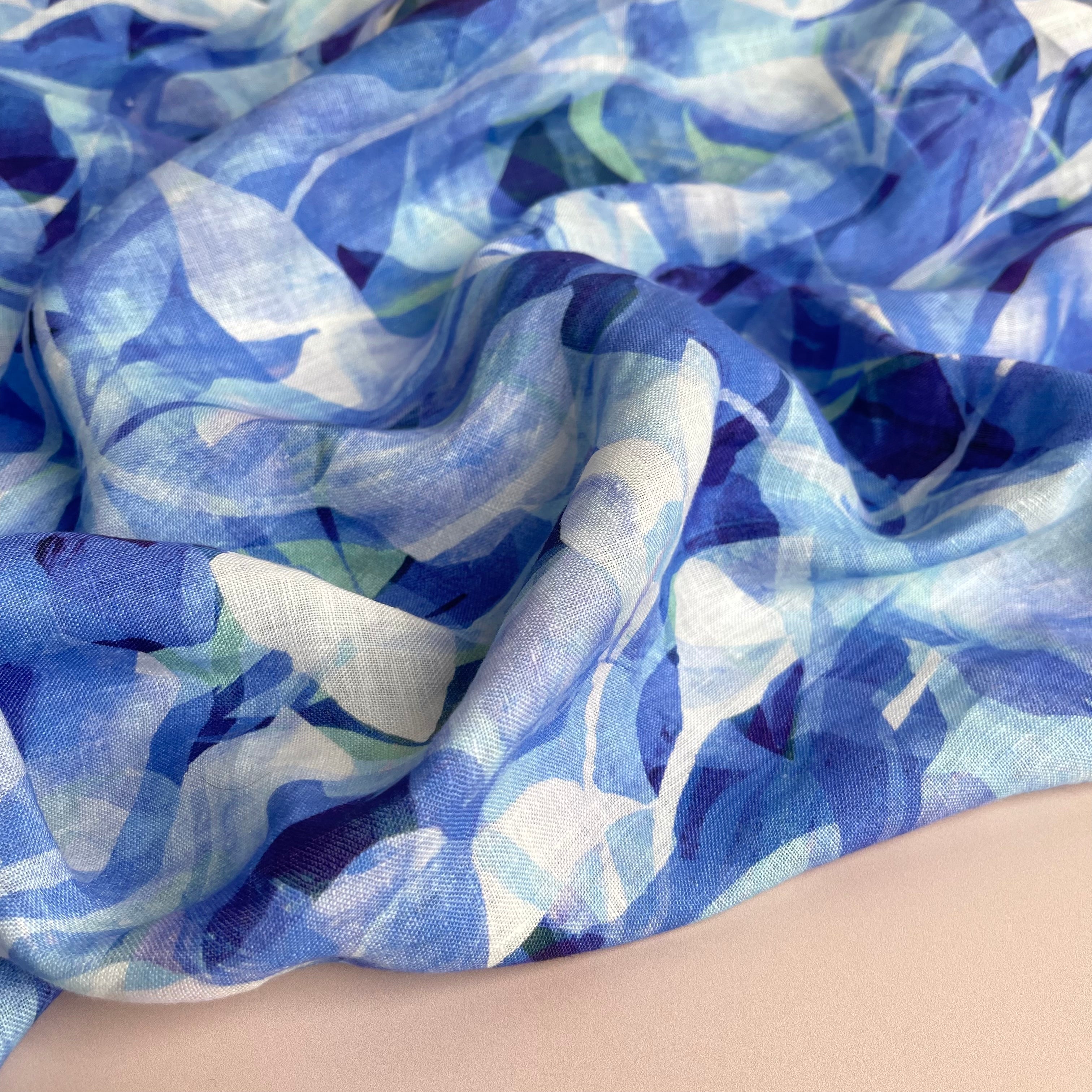 REMNANT 0.69 Metre - Summer Party - Painted Foliage Ocean Pure Linen