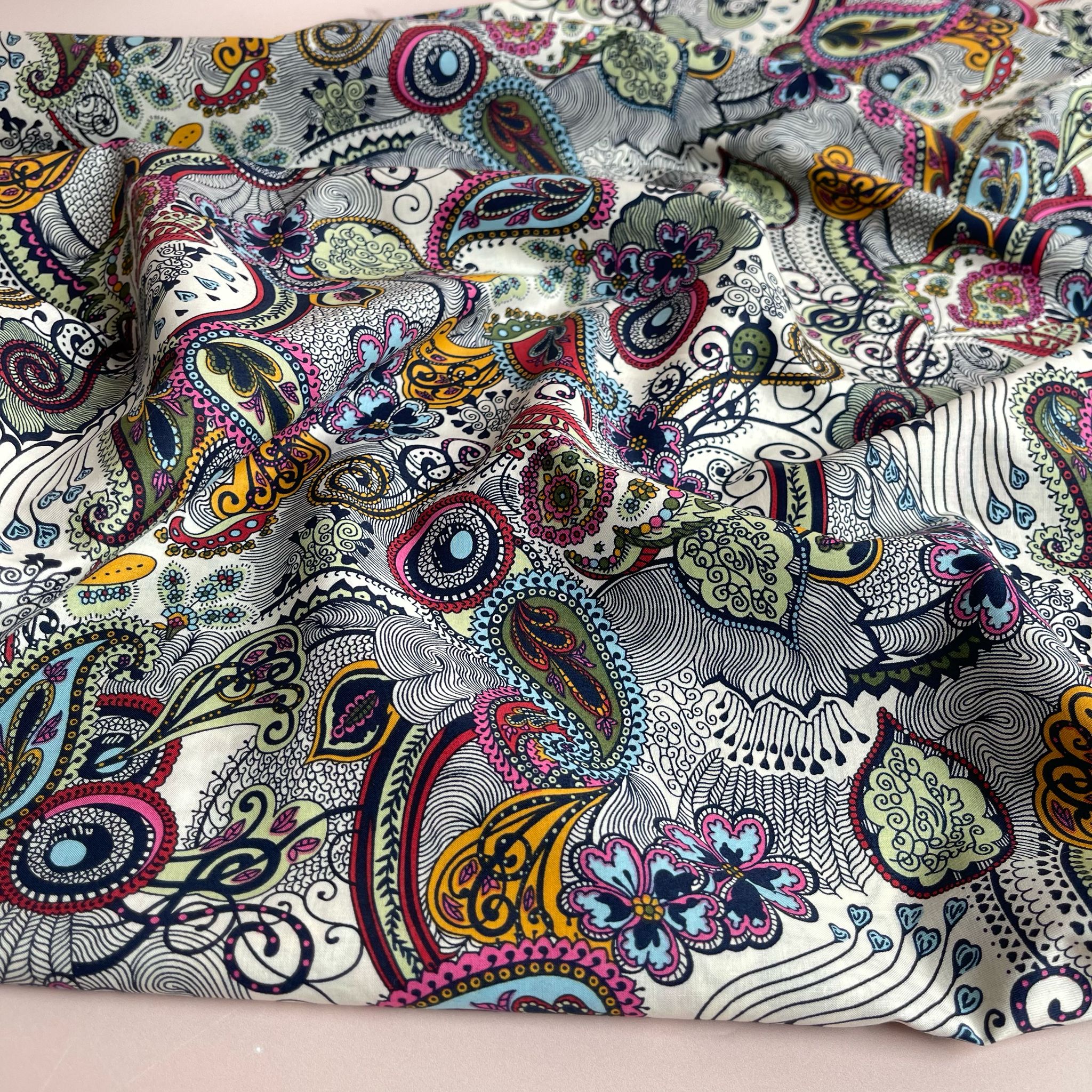 Summer Paisley on White Cotton Lawn Fabric