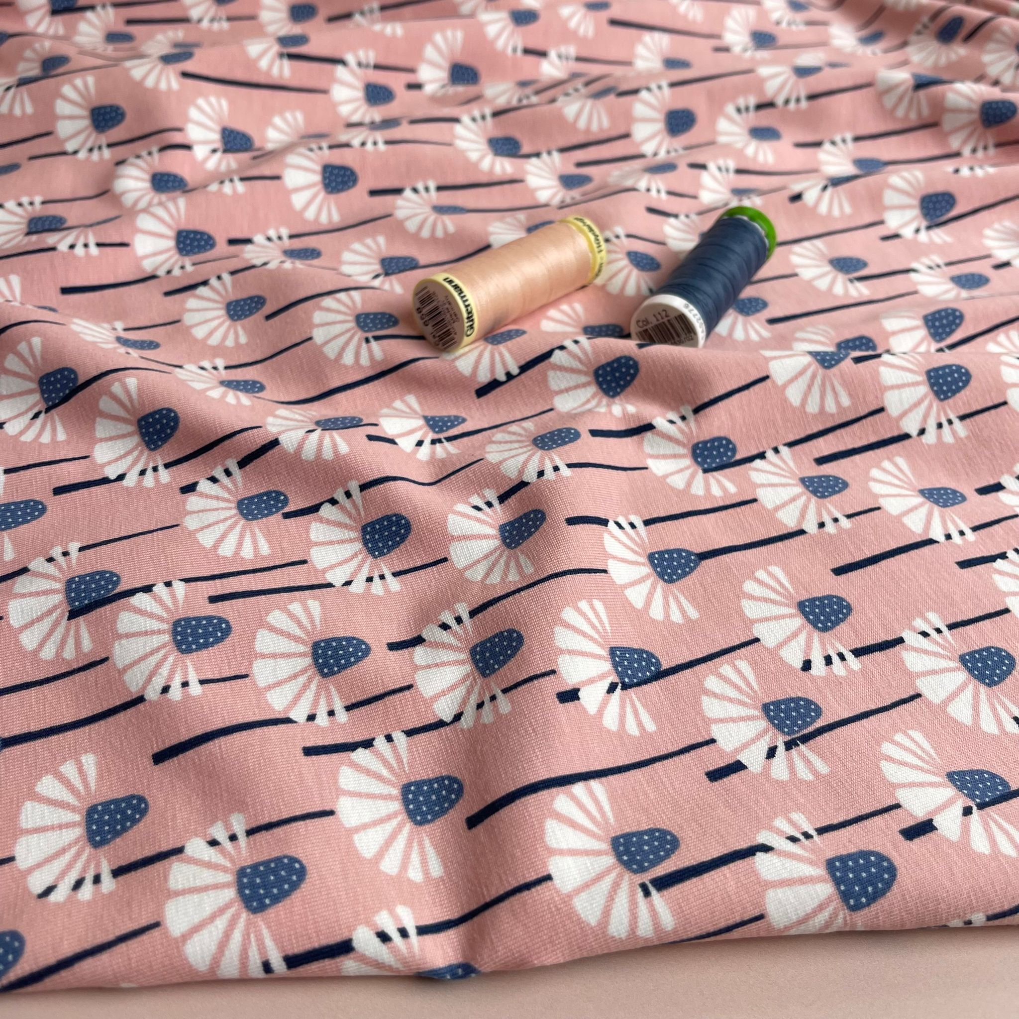 REMNANT 1.66 Metres - Blue Flower on Pink GOTS Organic Cotton Jersey