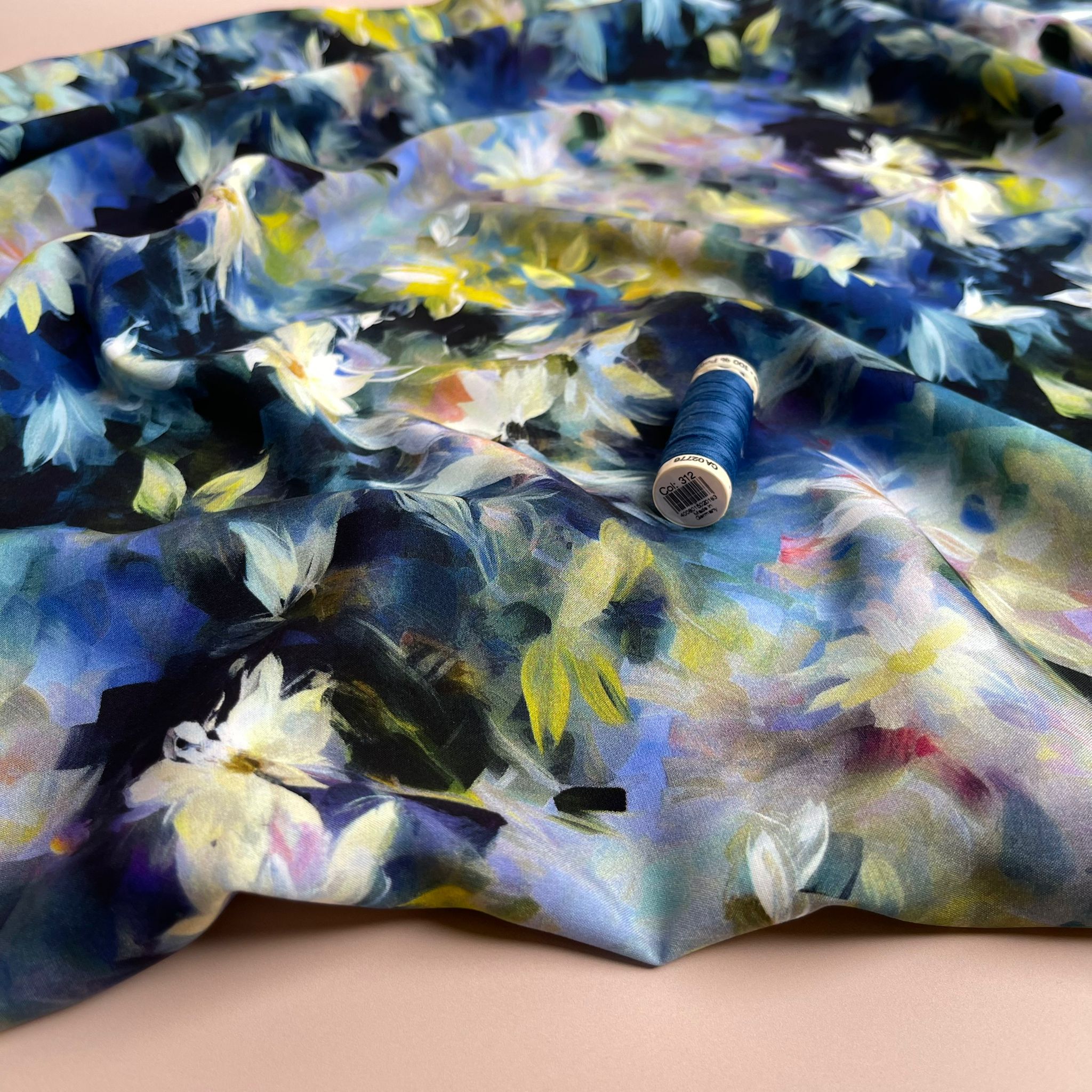 PRE-ORDER Watercolour Florals Cobalt Viscose Poplin Fabric (arriving by mid May)