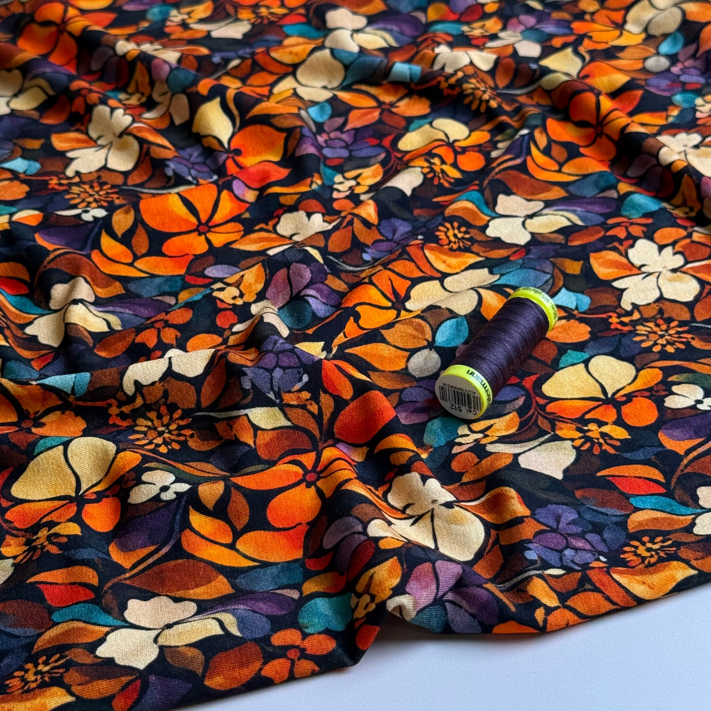 Autumn Flower Petals Orange Viscose Jersey Fabric