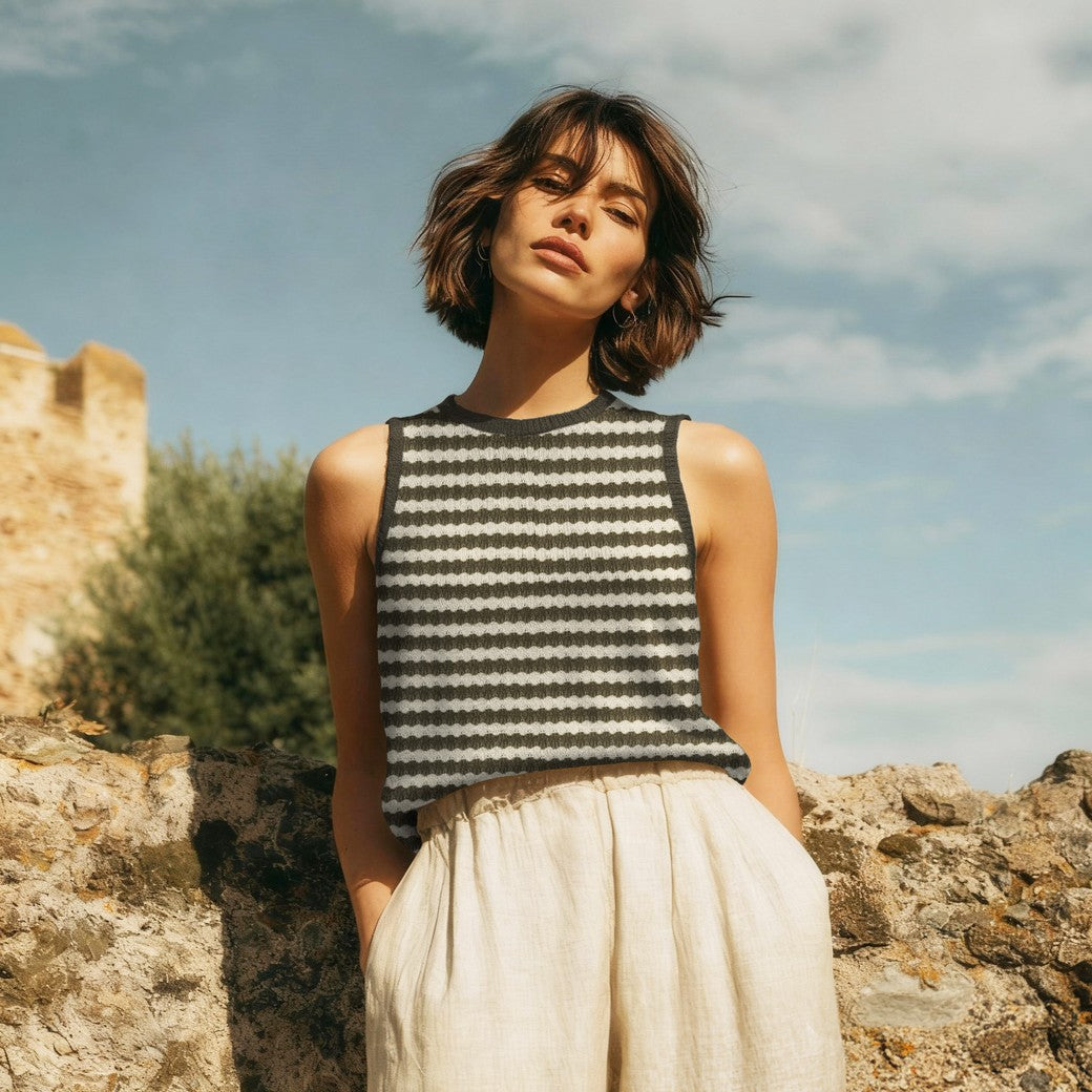 REMNANT 1.34 Metres - Summer Knitted Jacquard in Olive & Off-White Stripes