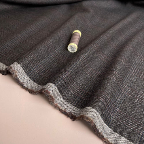 Deadstock Mauve and Brown Check Pure Wool Suiting Fabric