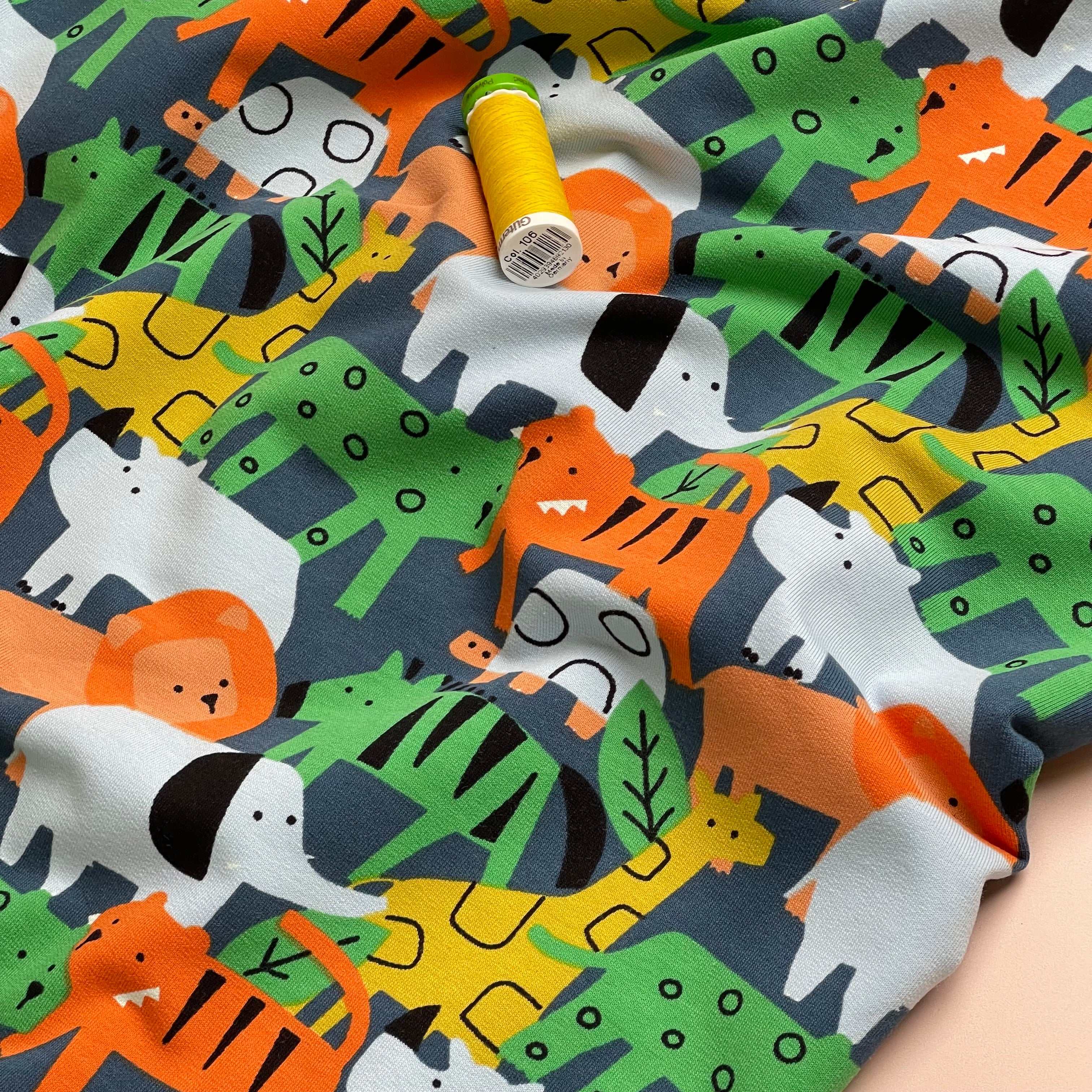 Safari Animals on Petrol Cotton French Terry Fabric
