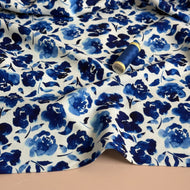 REMNANT 1.04 Metres - Watercolour Flowers Blue Viscose Linen Fabric