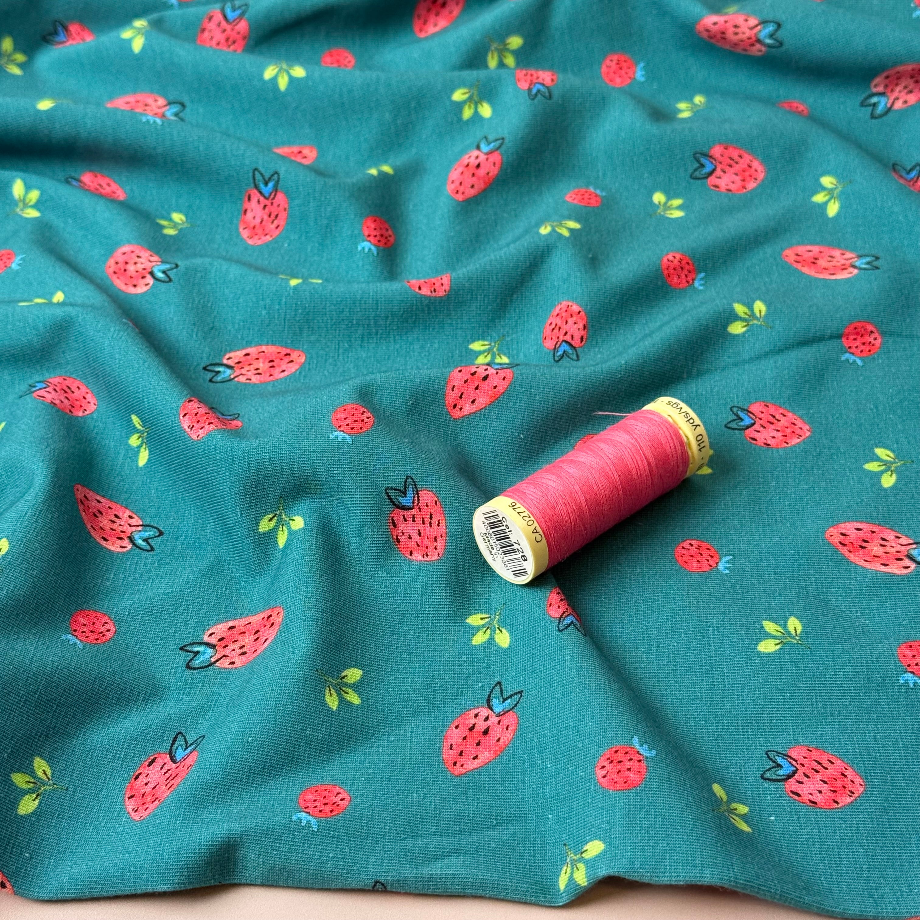Strawberries on Teal Cotton Jersey Fabric