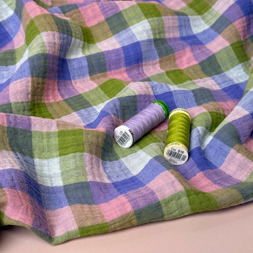 Reversible Lilac & Green Checked Cotton Double Gauze