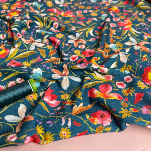 Bright Flowers on Teal Viscose Jersey Fabric