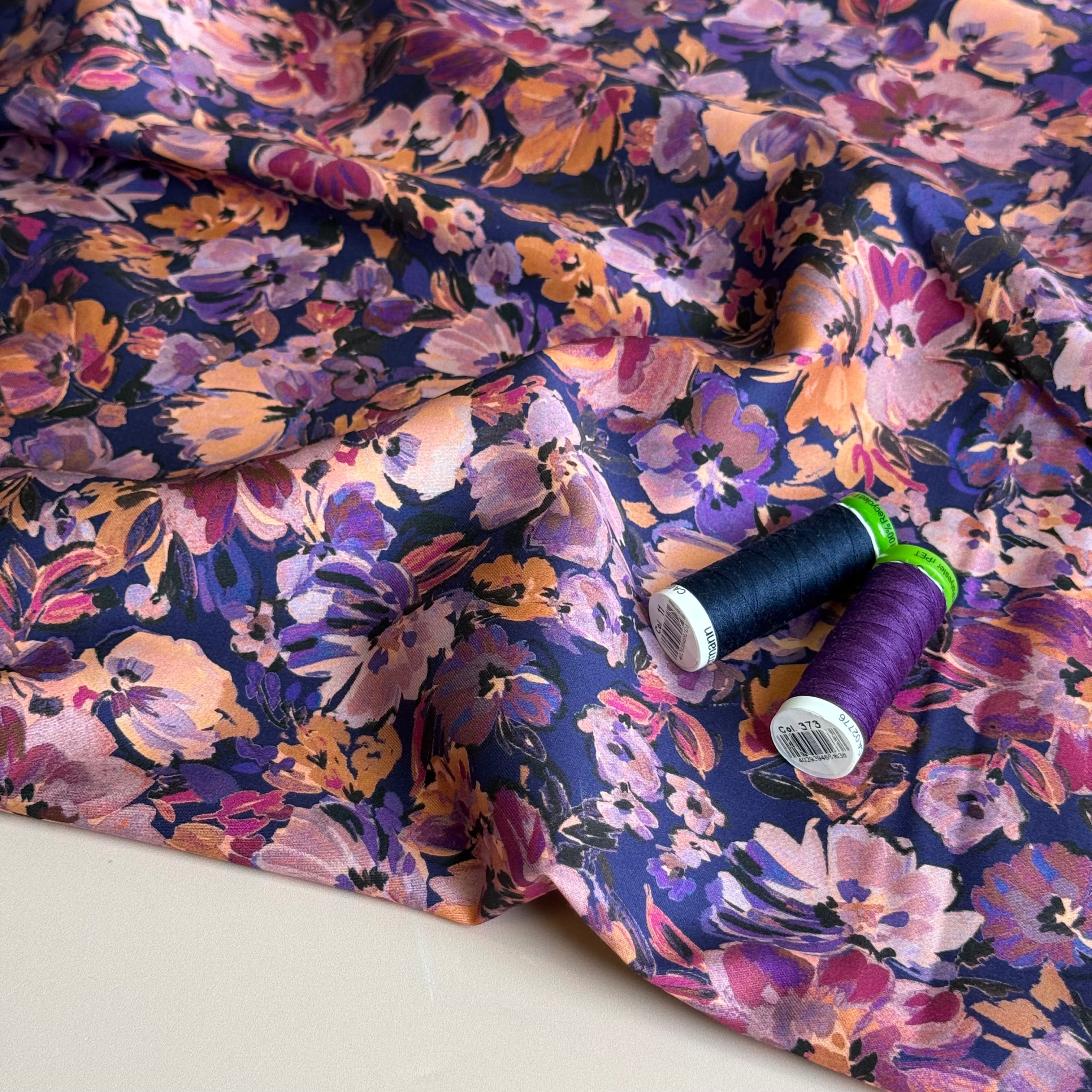 Painted Purple Flowers Cotton Sateen Fabric