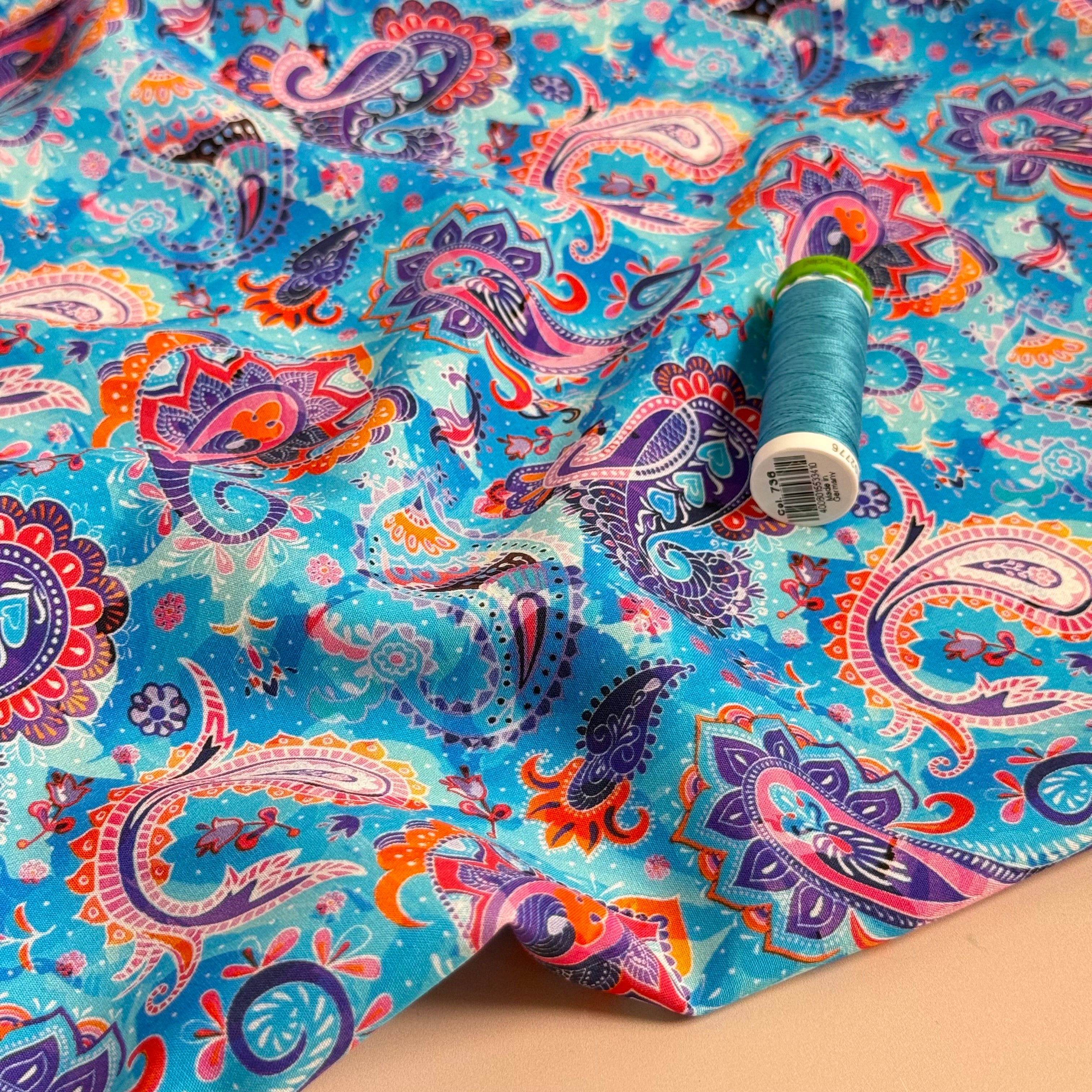 Purple Paisley on Turquoise Viscose Poplin Fabric