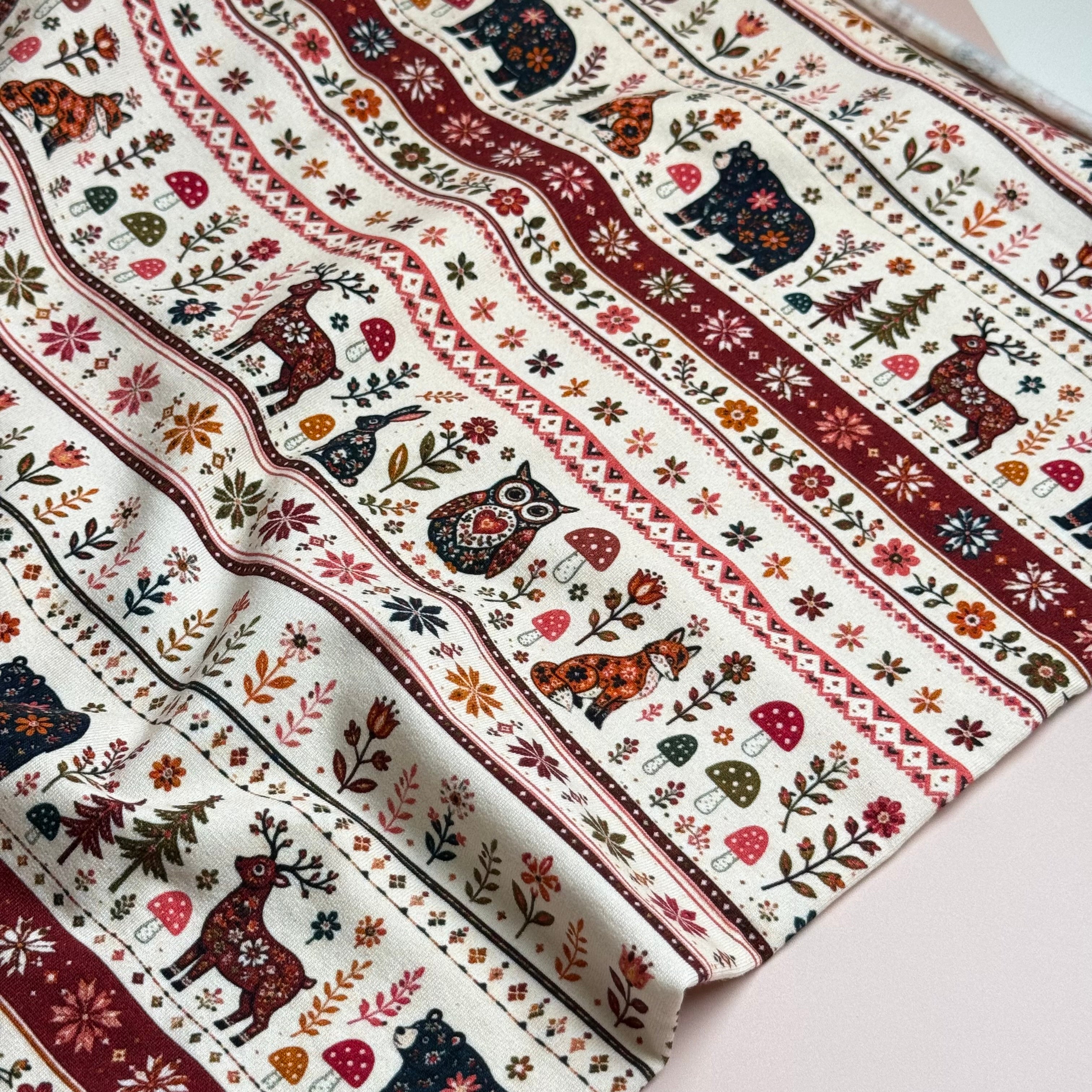 Nordic Animals & Floral Stripes Soft Cotton Sweat-shirting Fabric