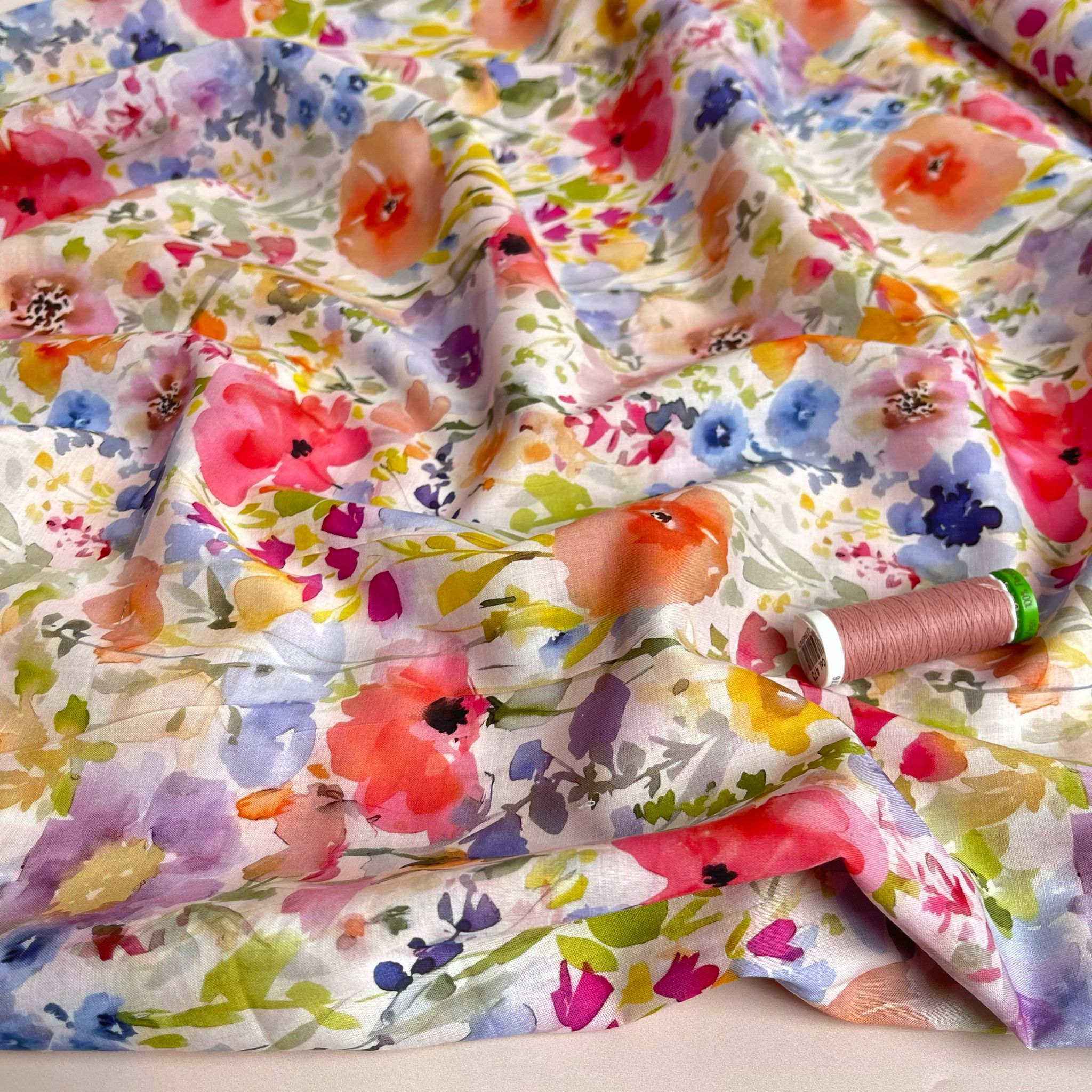 REMNANT 2.8 Metres - Watercolour Spring Meadow Cotton Voile Fabric