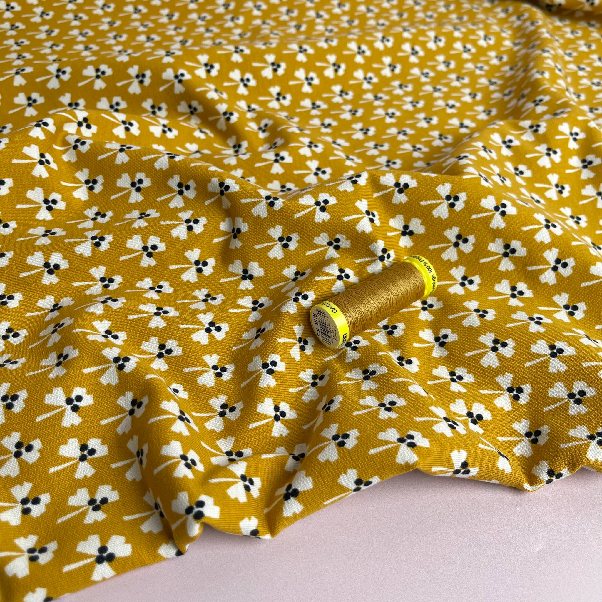 Monochrome Clovers on Yellow Cotton French Terry