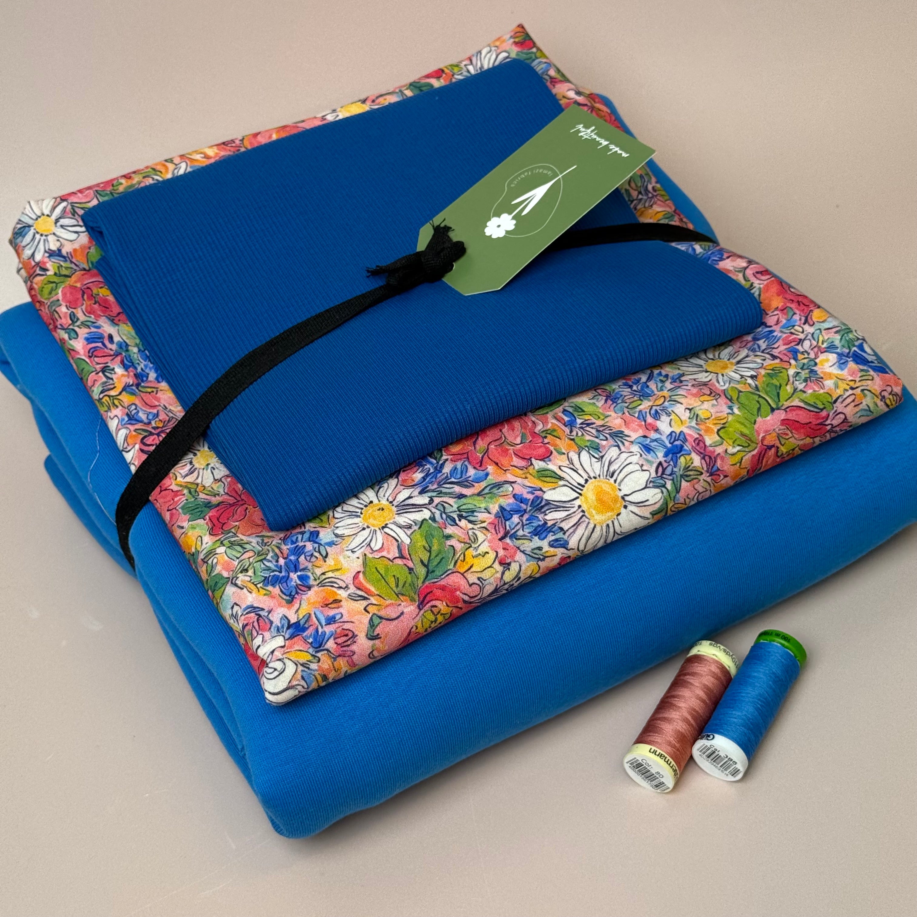 Make an Outfit Colour Bundle - Daisies Viscose & Sweatshirting in Bright Blue with Ribbing