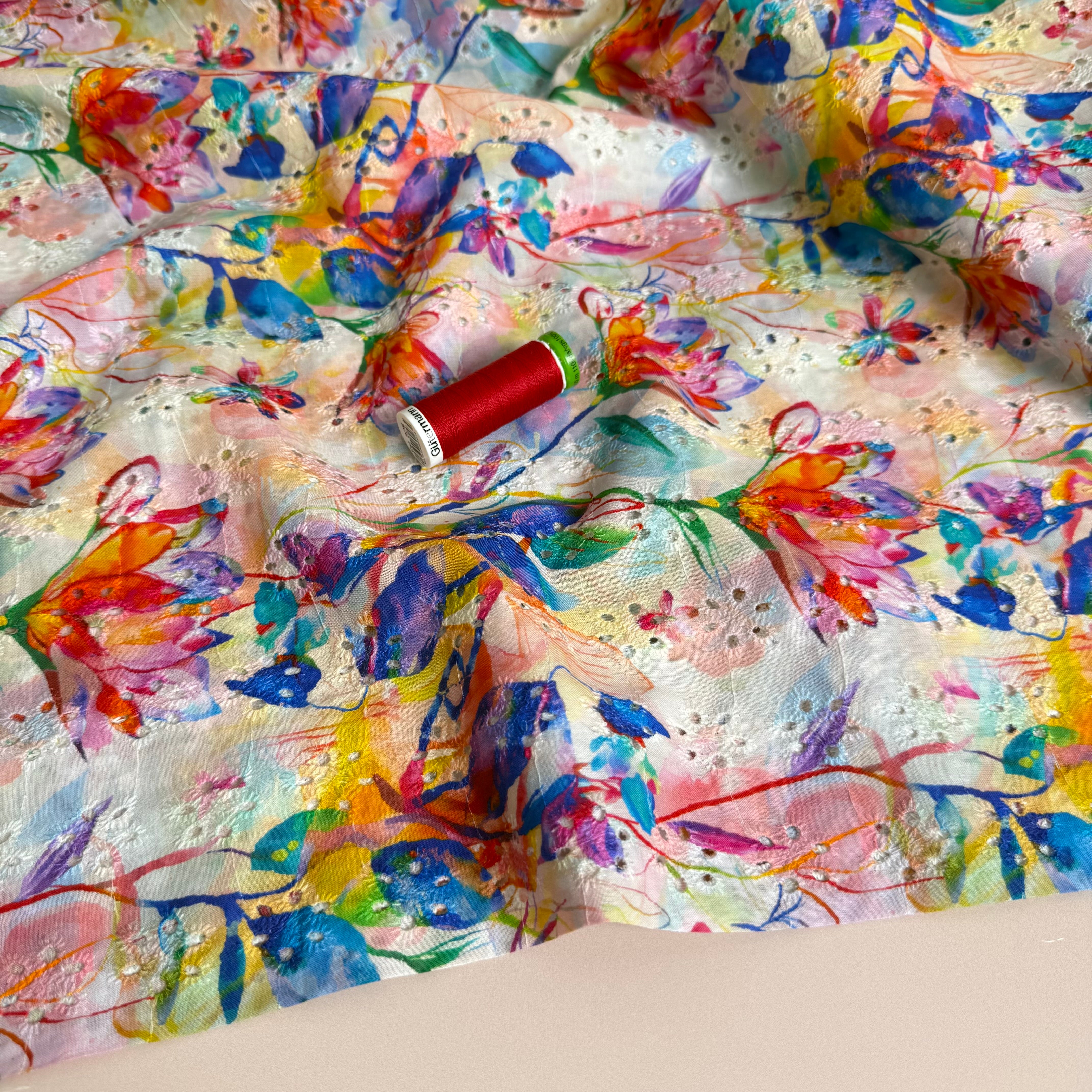Rainbow Flowers on Embroidered Cotton Voile Fabric