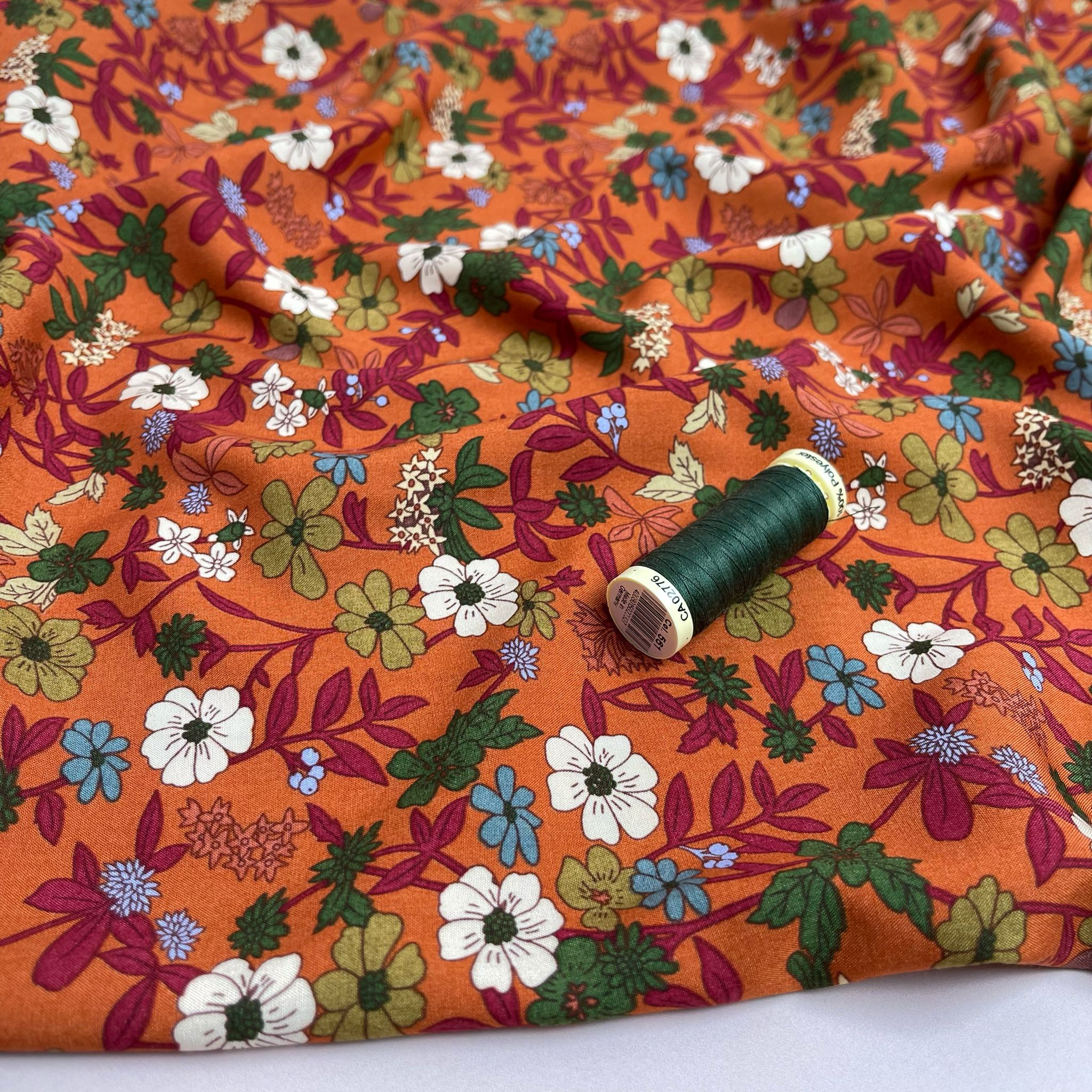 Autumn Blossoms on Orange Viscose Fabric