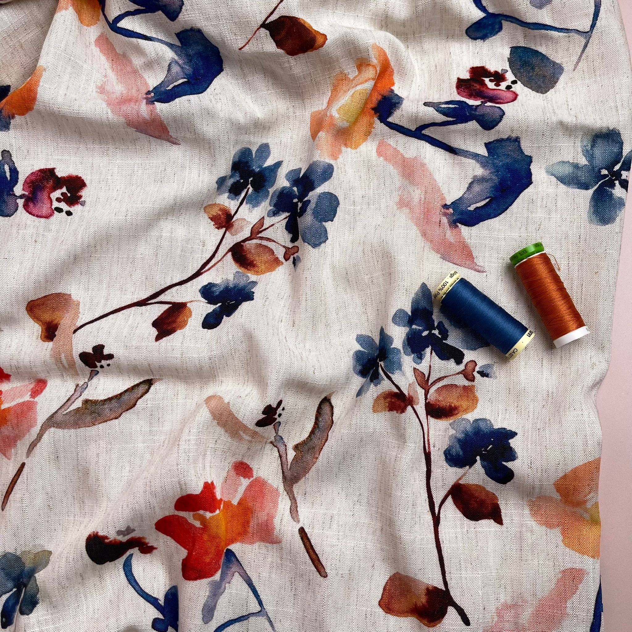 REMNANT 0.75 Metre - Apricot and Blue Florals Viscose Linen Fabric