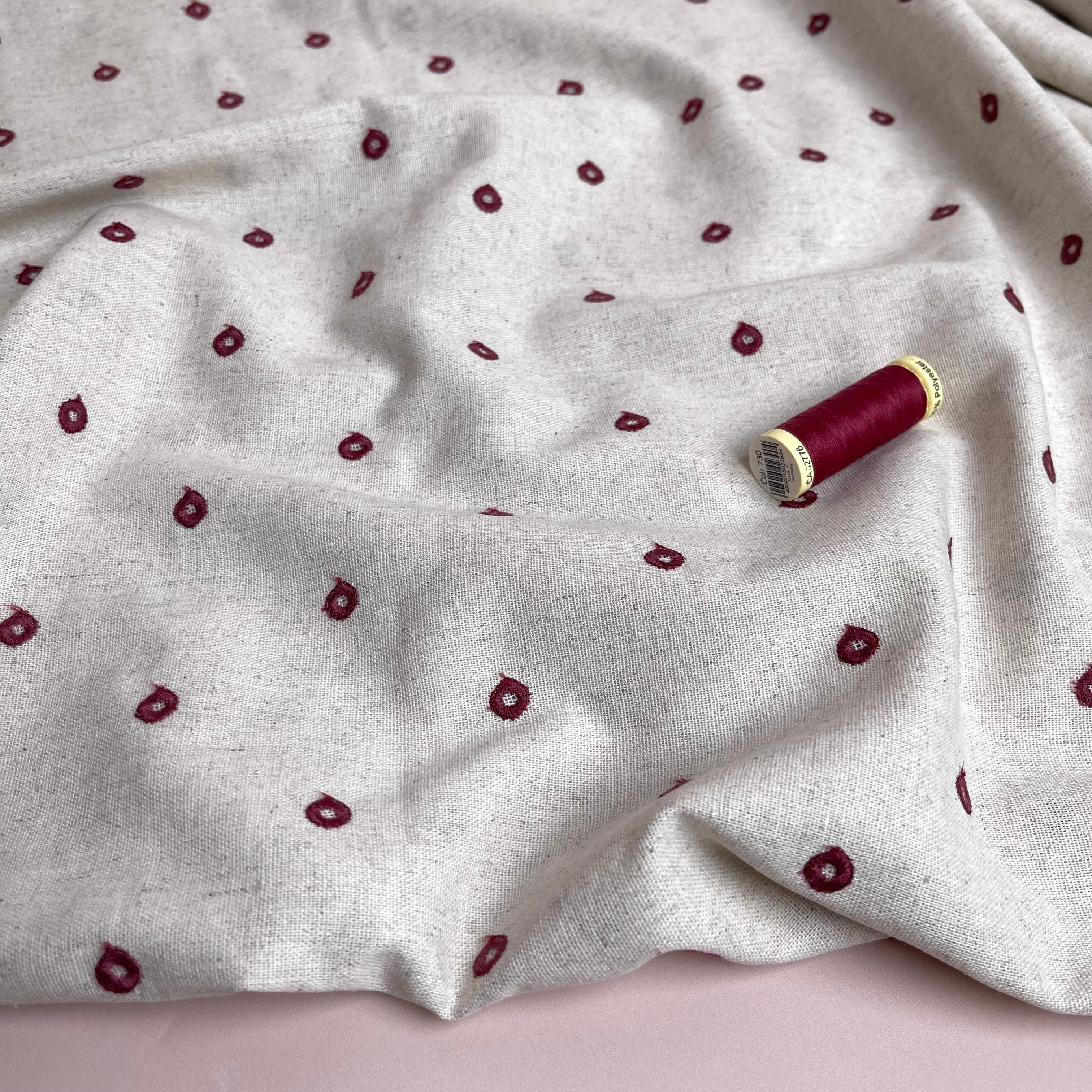 Embroidered Berry Circles on Natural Viscose Linen Blend Fabric