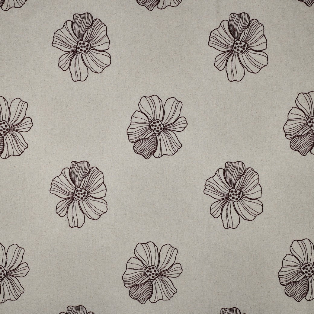 Embroidered Burgundy Flowers on Natural Linen Viscose Blend Fabric