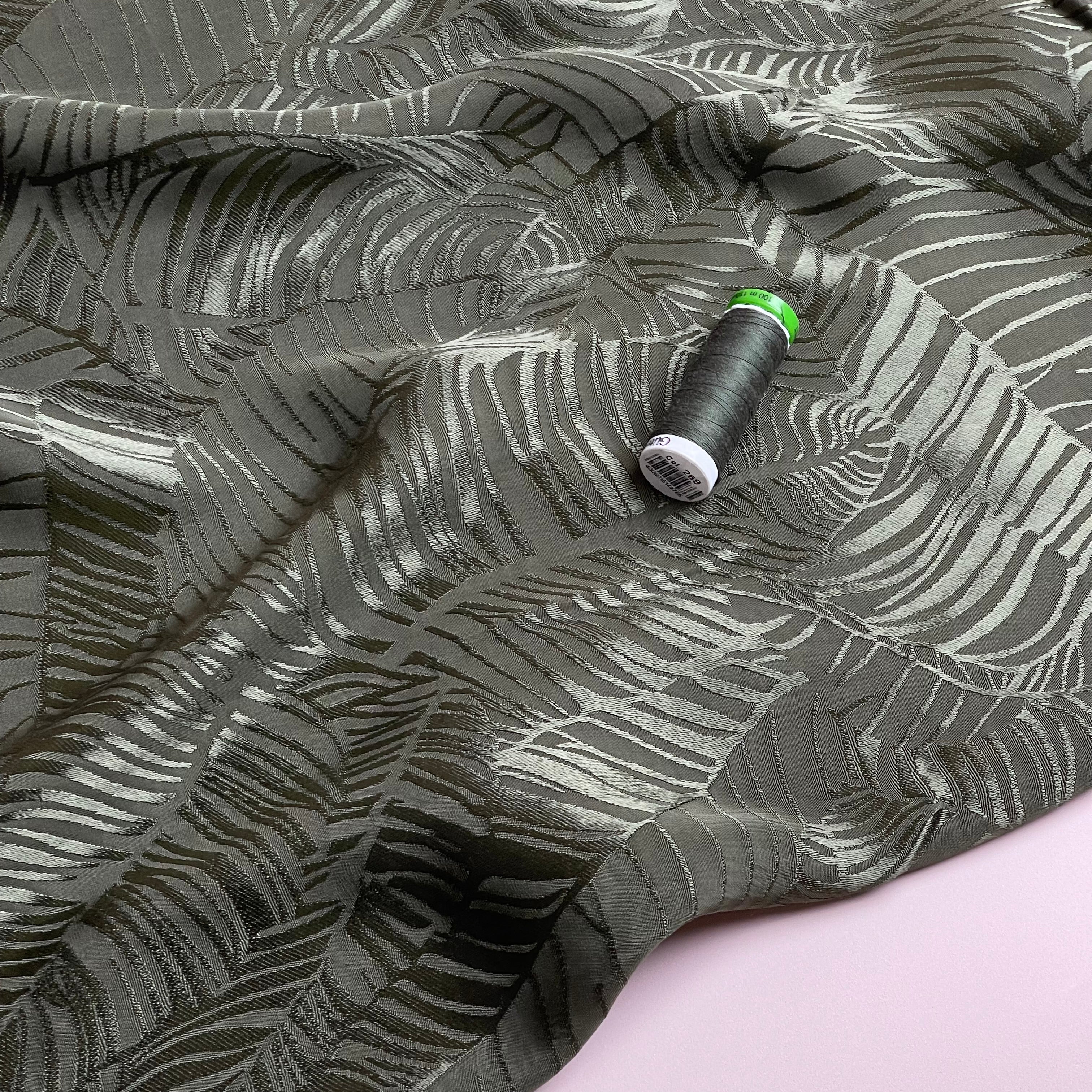 Leaves in Khaki Viscose Jacquard Sateen