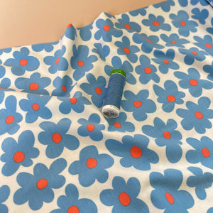 Fun Flowers in Blue Cotton Jersey Fabric