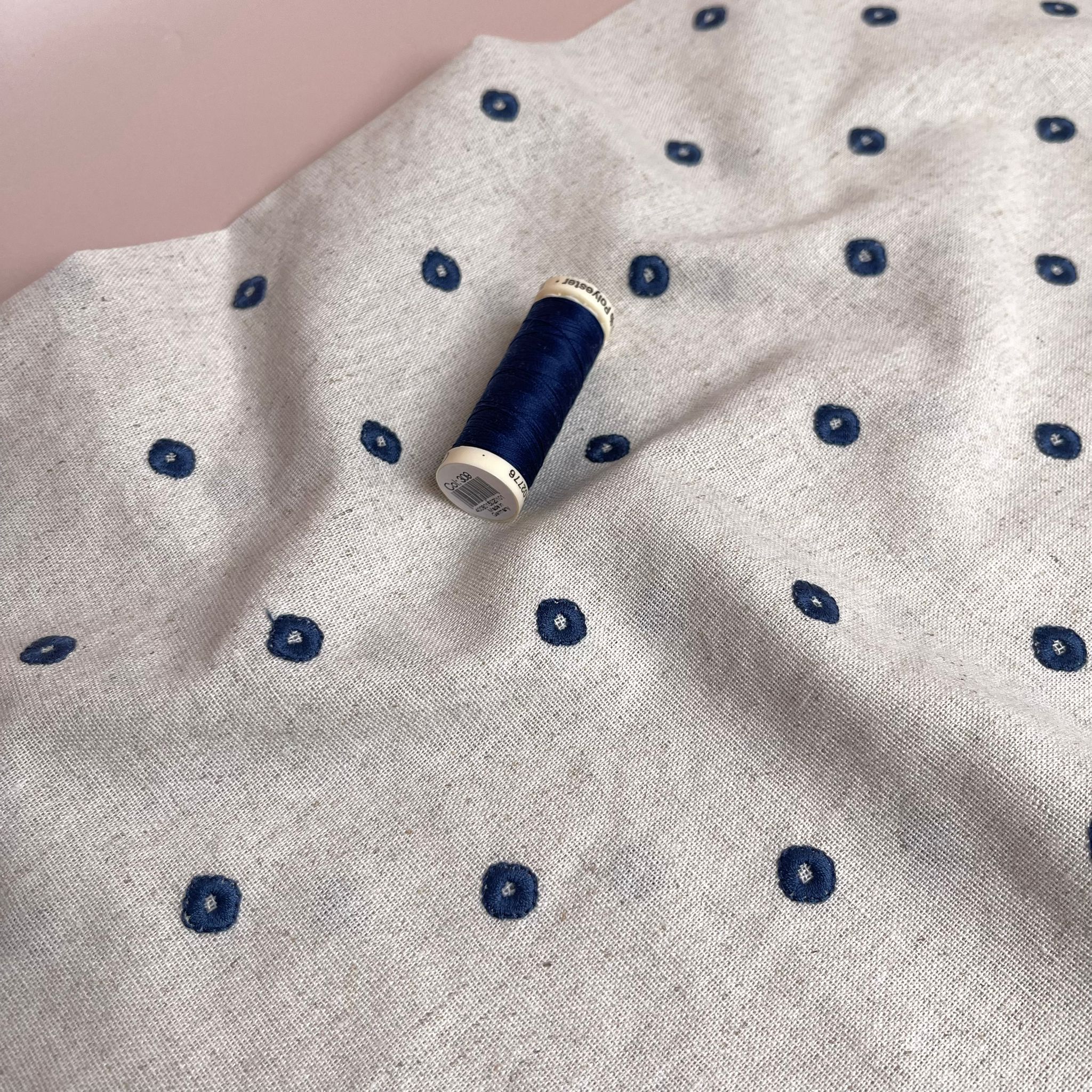 Embroidered Navy Circles on Natural Viscose Linen Blend Fabric