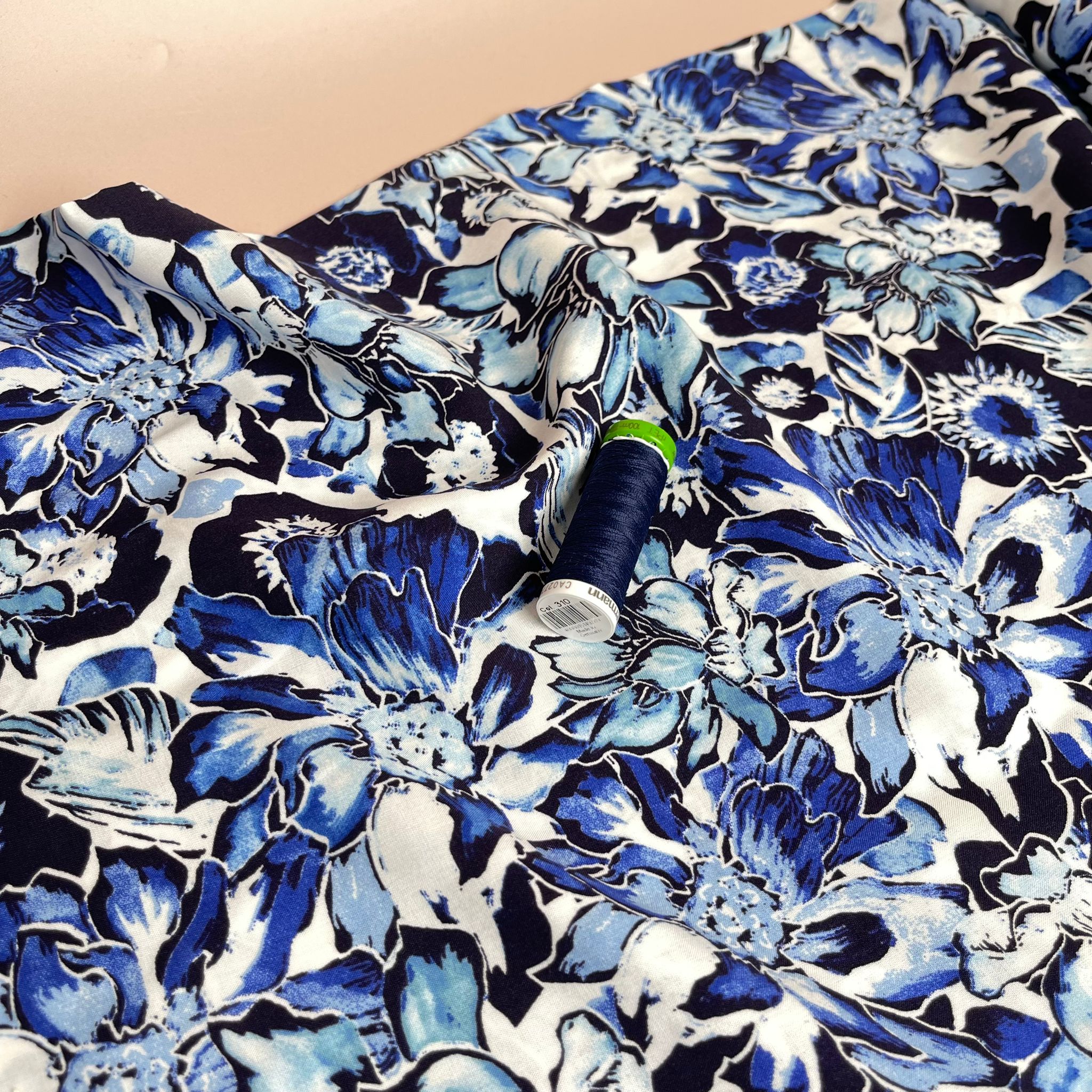 Blue Watercolour Floral Viscose Poplin Fabric
