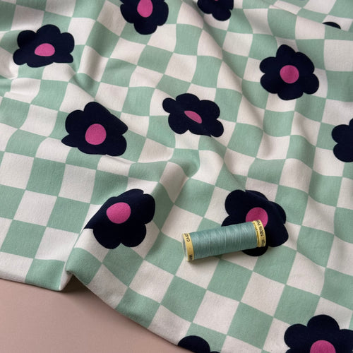 Gingham Flowers Mint Soft Cotton Sweat-shirting Fabric