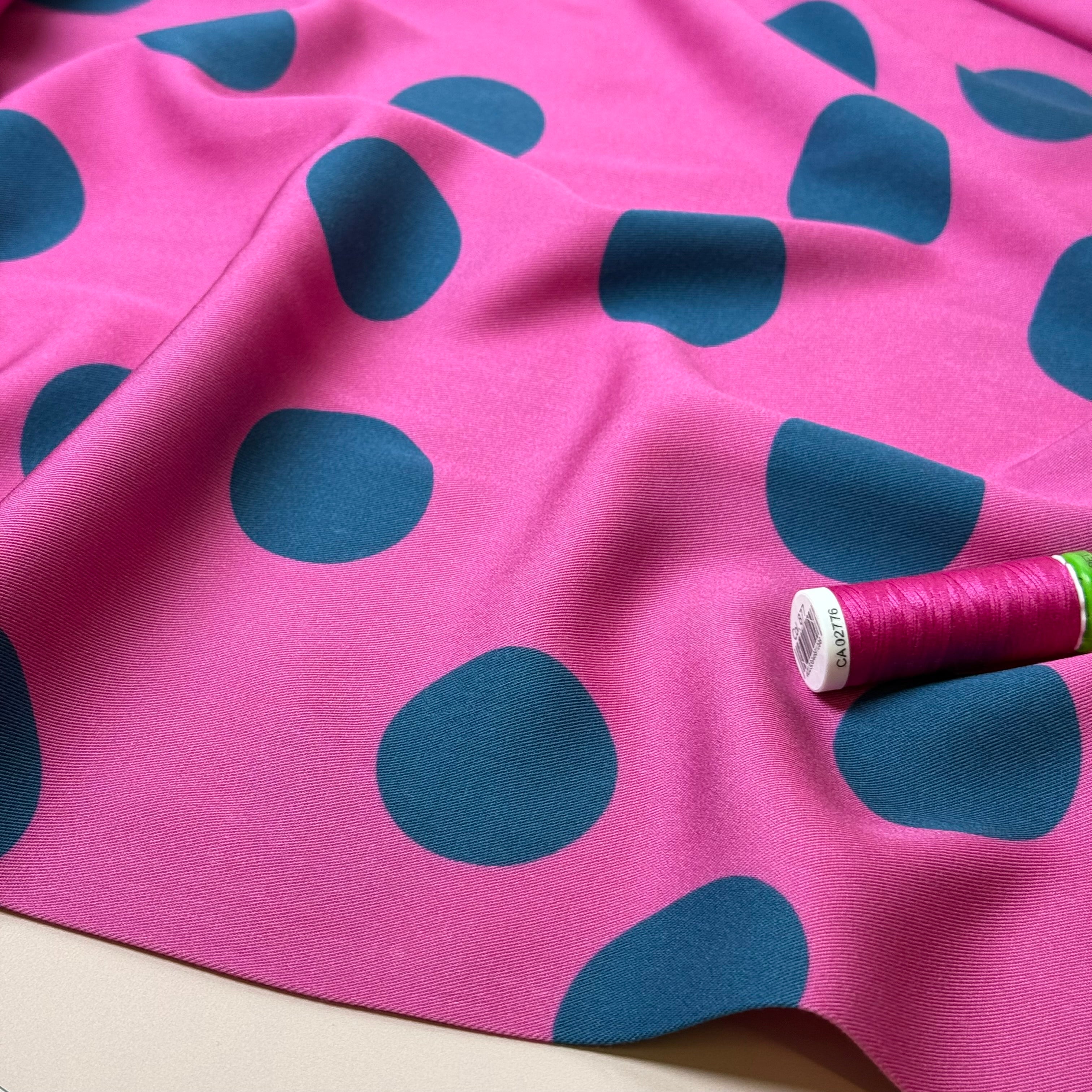 Light & Lush - Large Polka Dots in Blue on Pink Viscose Twill Fabric