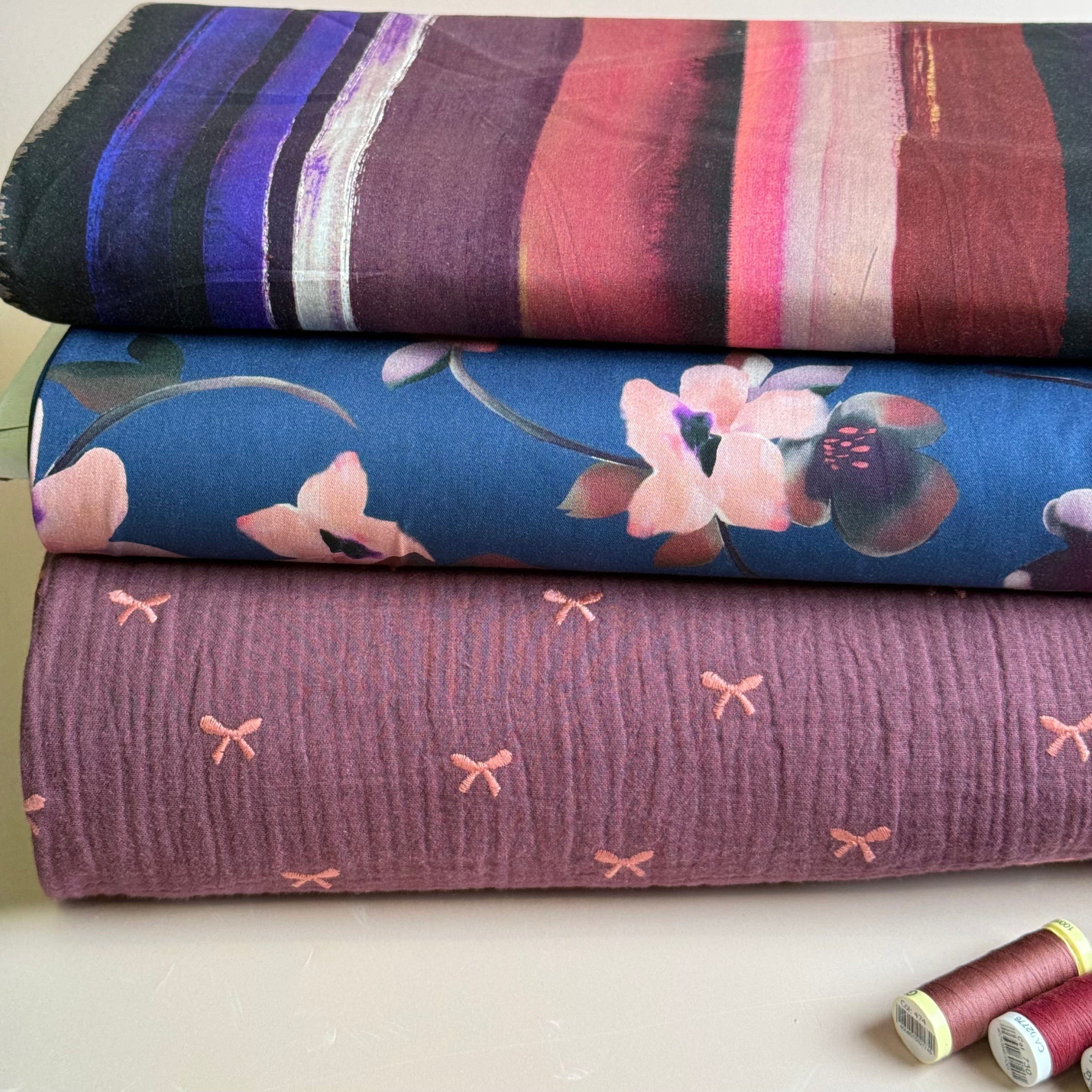 Embroidered Pink Bows on Burgundy Cotton Double Gauze