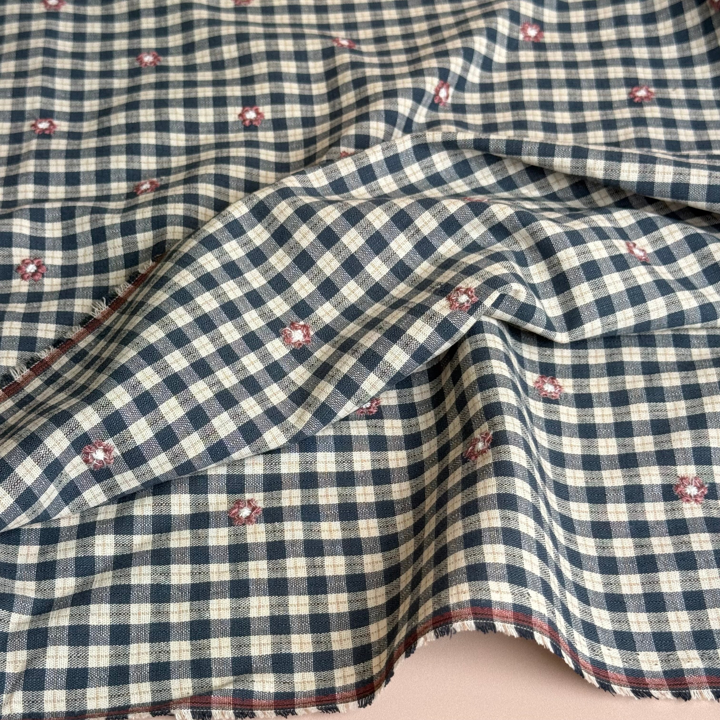 PRE-ORDER (arriving by end of October) - Embroidered Flowers on Petrol Gingham Cotton Viscose Fabric