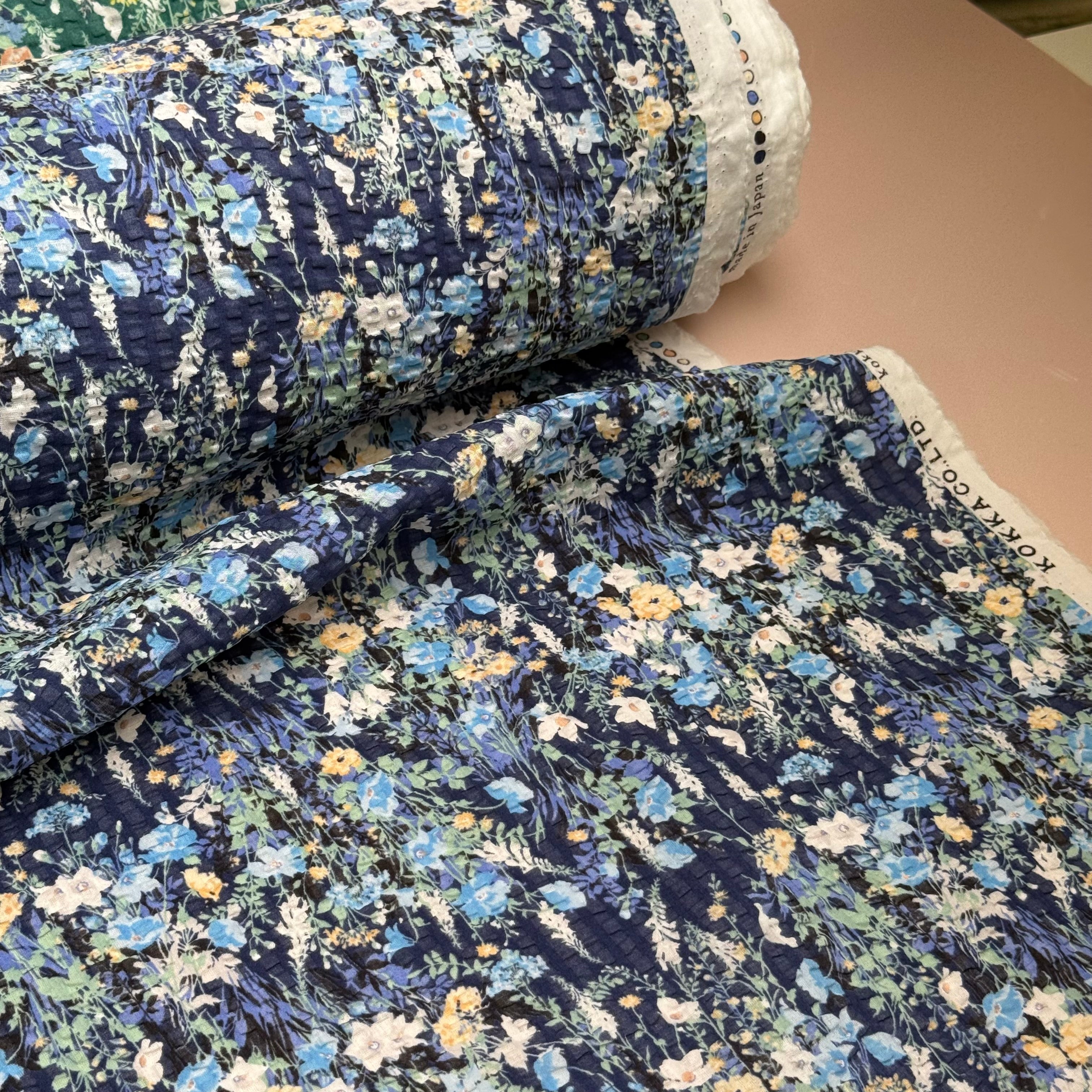 Kokka - Dainty Floral in Navy Japanese Cotton Seersucker